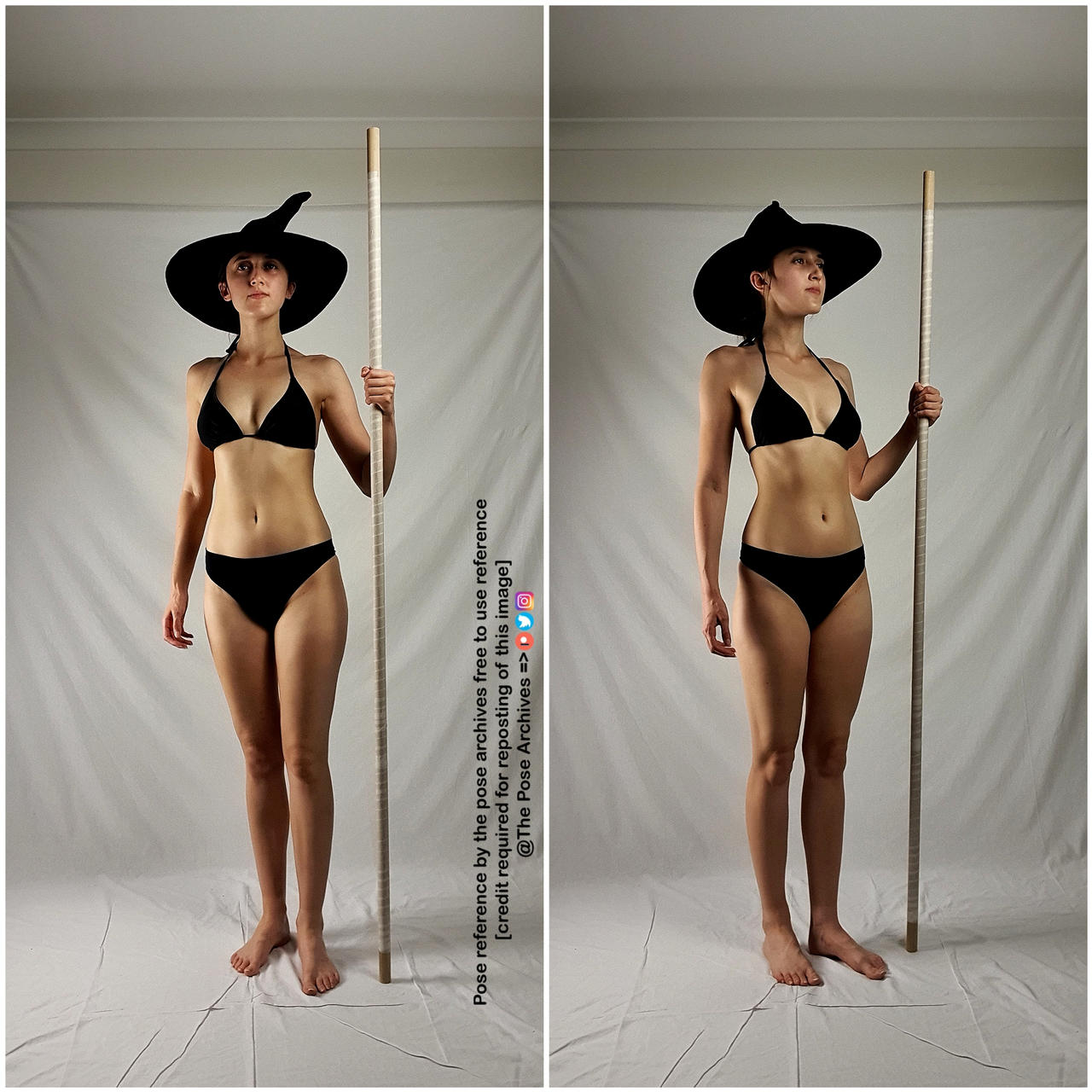 a young woman in a black bikini and witch's hat poses for a reference photo in a studio setting. she stands against a white backdrop, holding a wooden pole for balance and to showcase posture. the image is a diptych, showing the same pose from two slightly different angles. the soft lighting highlights her form and the details of her costume.