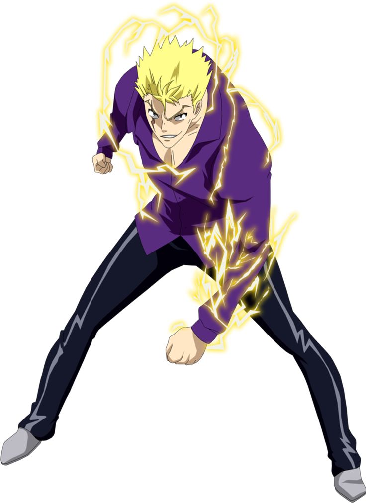 this image features an anime character in a purple shirt and black pants, with blonde hair, electricity crackling around his arms and body. he's in a dynamic pose, his fist clenched, ready to strike, highlighting his power and energy. his intense expression adds to the dramatic feel of the image.
