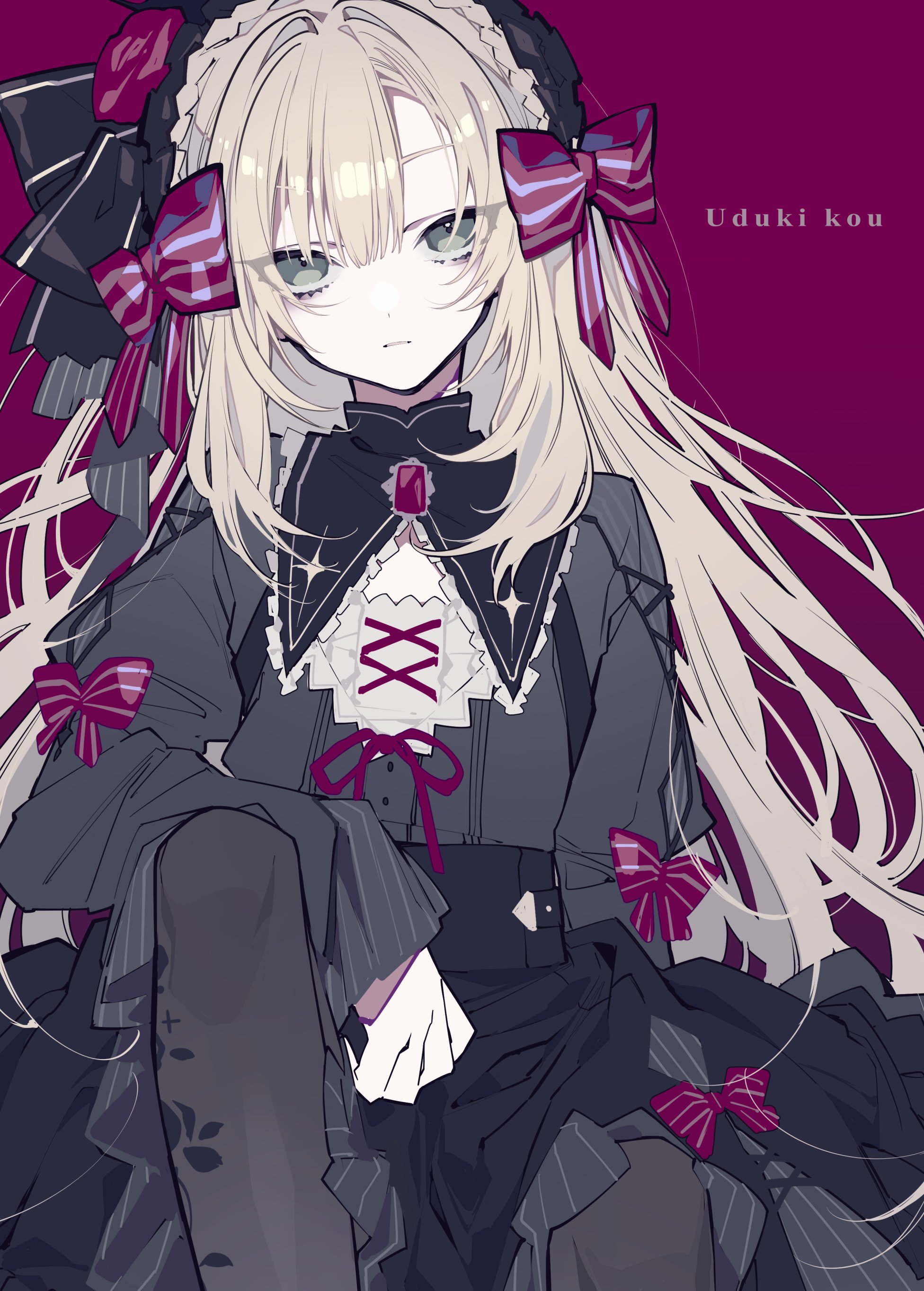 an anime girl named uduki kou is wearing a gothic lolita dress and stockings. she has blonde hair and wears ribbons and bows. she is sitting down. the background is dark pink.