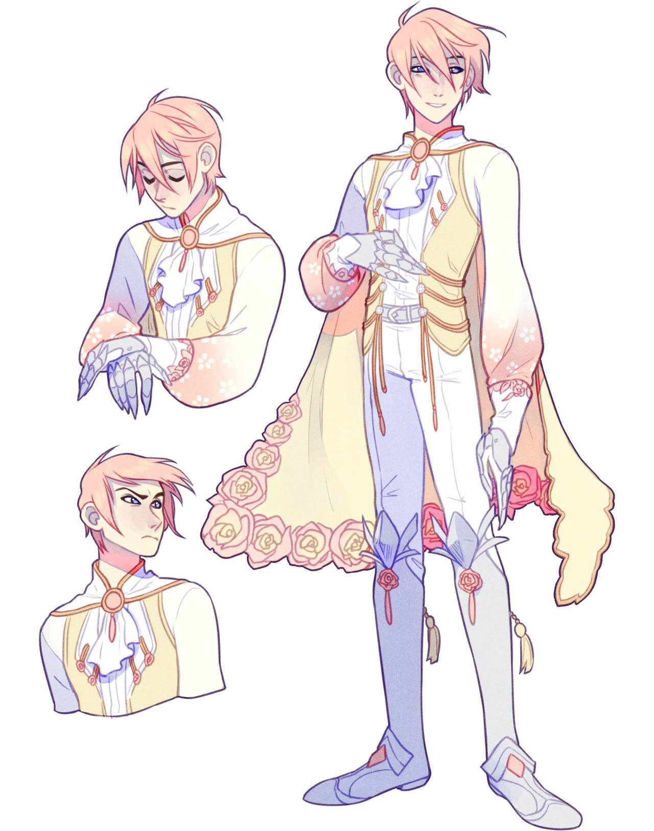 a digital illustration of a young man with light pink hair and blue eyes. he is wearing an elegant, fantasyinspired outfit with floral details, gauntlets, and a long flowing cape. the image shows the character in different poses and expressions, providing a fullbody view and closeups.  the background is left blank.