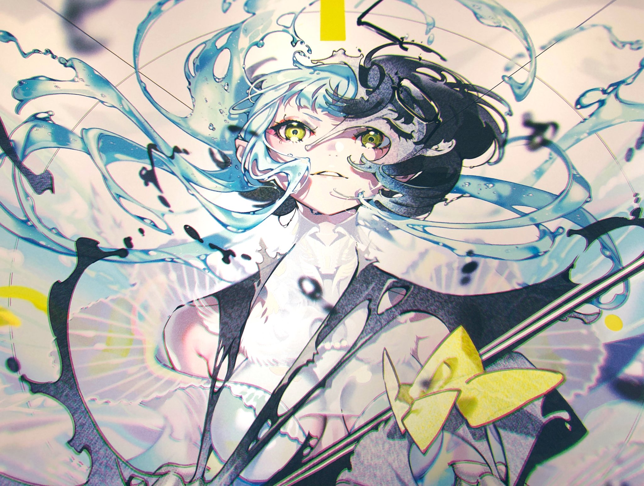 the image showcases a stylized female character with a striking appearance. she has splittoned hair, with one side being a vibrant blue and the other a stark black. her piercing yellow eyes, tinged with a hint of red, stare directly at the viewer, creating a captivating intensity. her hair seems to flow like liquid, blending with splashes of blue and black that surround her, adding to the dynamic and almost chaotic energy of the piece. she is partially dressed in a white garment, adorned with a large yellow bow on her chest. in her hand, she holds a long, thin object that could be a staff or a sword, further enhancing the impression of power and perhaps even magic. the background is an abstract mix of white, yellow, and black, echoing the colors found in the character's design and contributing to the overall sense of movement and vibrancy.
