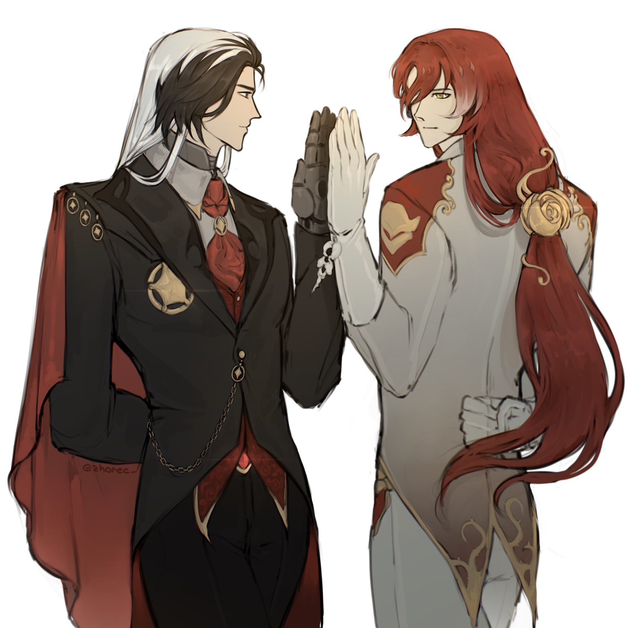 the image is a digital fanart depicting two elegantly dressed male characters in an animestyle.  one character on the left has long silver and black hair, wearing a black tailcoat with red accents, a red cape, and intricate golden details. the other character on the right has long flowing red hair and is dressed in white and gold formal attire. they are positioned closely, with their hands nearly touching in a gesture that resembles a high five or a friendly greeting.  the art style is soft and detailed, with a focus on the characters' clothing and hair. the overall mood is one of sophisticated camaraderie or partnership.