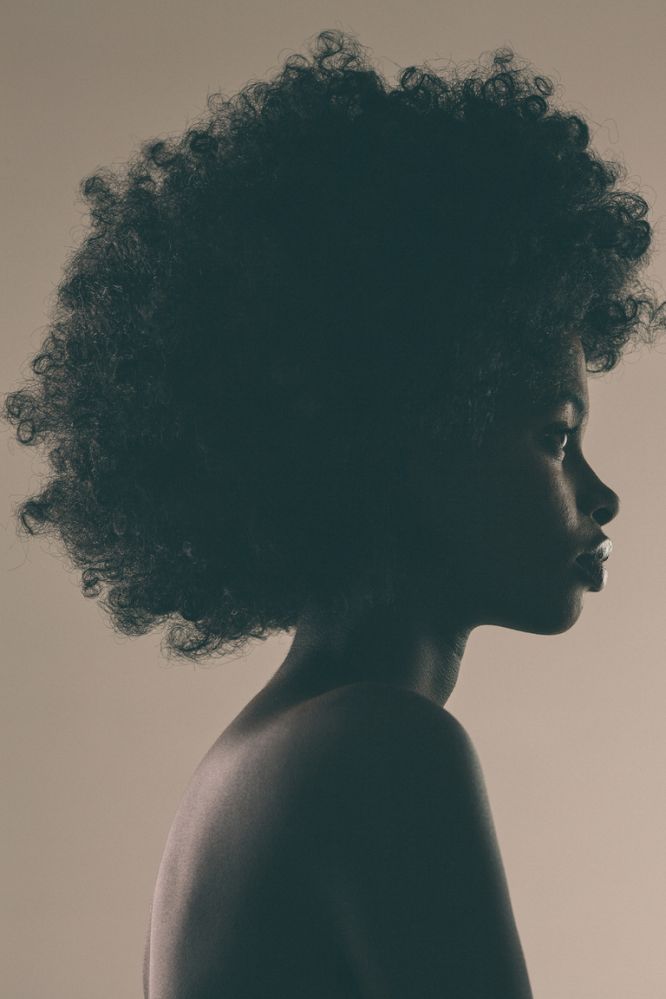 a black and white portrait of a beautiful woman with an afro. she is looking to the side, with her shoulders bare, and has a serious expression on her face. the portrait is simple and elegant, with the woman's beauty highlighted by the contrast of light and dark.