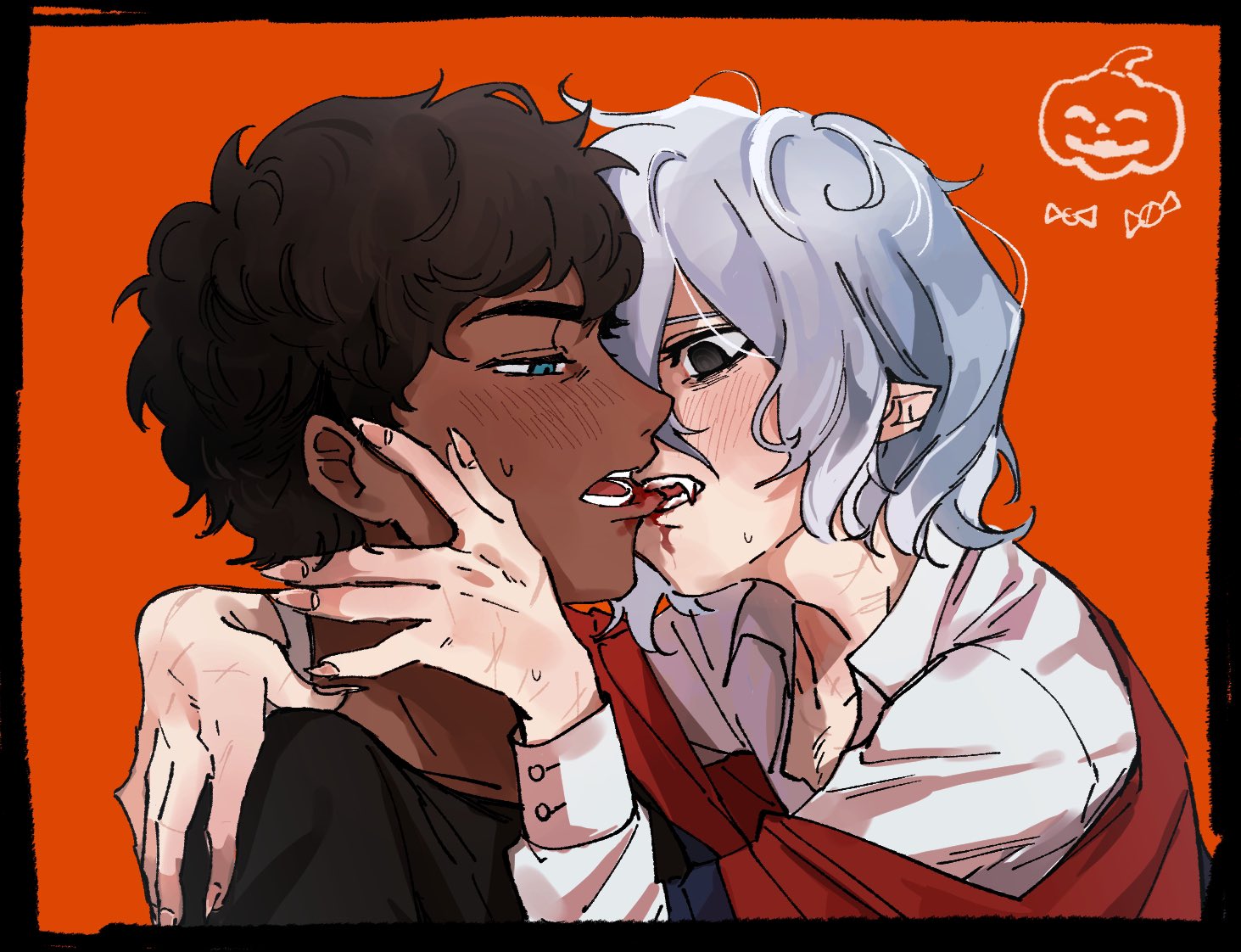 the image is a digital fanart depicting a passionate kiss between two young adults.  the character on the left has dark, curly hair and brown skin, while the character on the right has light, silvery hair and paler skin. the righthand character appears to be a vampire, with visible fangs and a slightly bloodied mouth from biting the other person.  their embrace is intense and close, with both blushing. the background is a solid orange color with a small, stylized jackolantern and candy corn drawing in the upper right corner, fitting with a halloween theme. the art style is semirealistic with a slightly rough texture.  the overall mood is romantic, intense, and possibly suggestive.