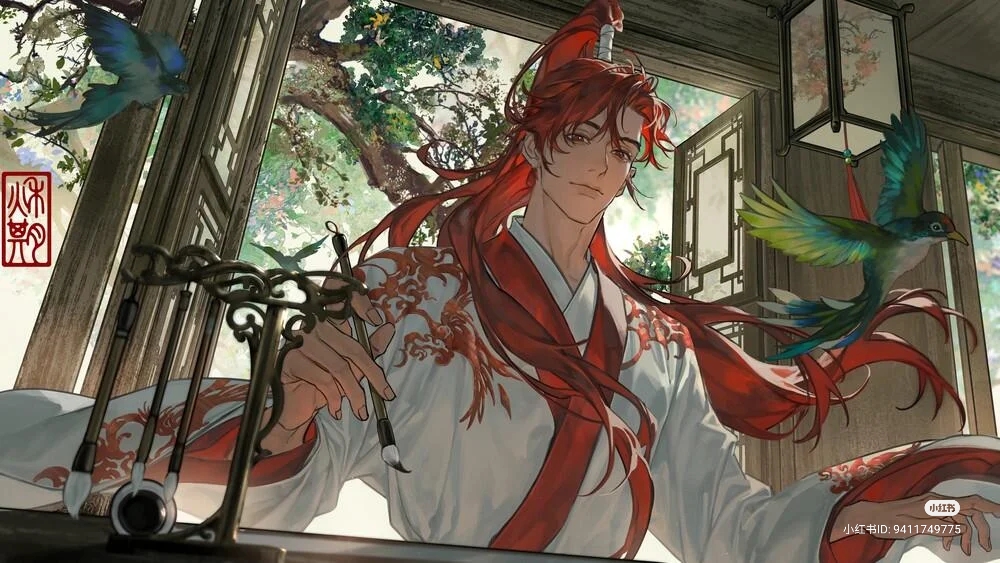 a young man with long red hair, styled in a high ponytail, sits by a window engaged in calligraphy. he's dressed in elaborate white and red traditional chinese clothing with intricate gold embroidery. the window behind him frames a lush green tree, and colorful birds flit around the scene.  the artwork has a soft, dreamlike quality with a warm and inviting atmosphere.