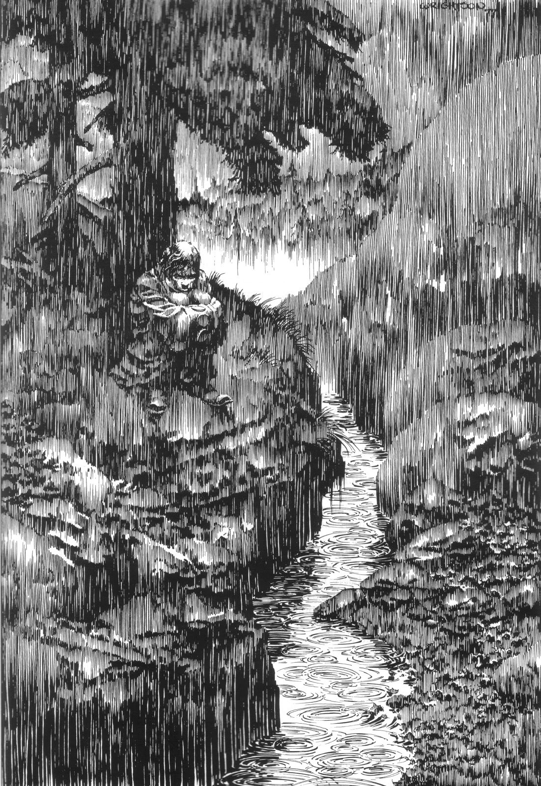 it is a black and white drawing of a river flowing through a rocky landscape with trees on either side.