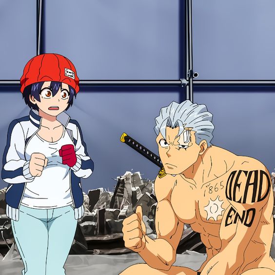 stylized drawing of a young woman with short black hair and a red beanie looking surprised while talking to a muscular, shirtless man with white hair and a tattoo. they appear to be on a brightly lit construction site, possibly in the middle of a conversation. the man has a sword strapped to his back.