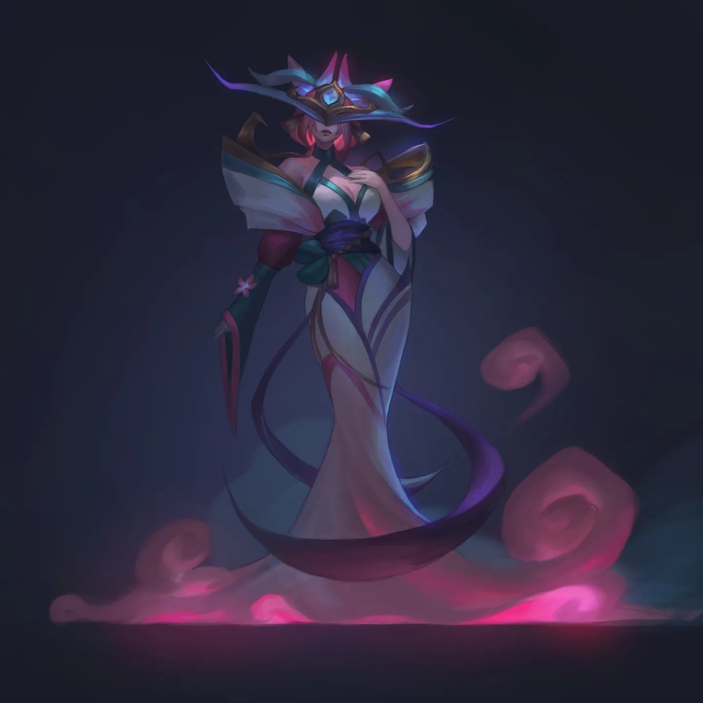 the image is a digital painting of a fantasy female character, possibly from a video game like league of legends, given her appearance. she's depicted in a long, flowing, elegant dress with pink, purple, and white tones.  the dress has intricate details and swirling patterns. she wears a large, ornate, widebrimmed hat with glowing accents.  her expression is serious and mysterious. she appears to be standing on a swirling, pink, ethereal cloud or mist. the overall aesthetic is dark, mysterious, and magical, with a strong emphasis on elegance and fantasy elements. the style is reminiscent of anime or manga art.