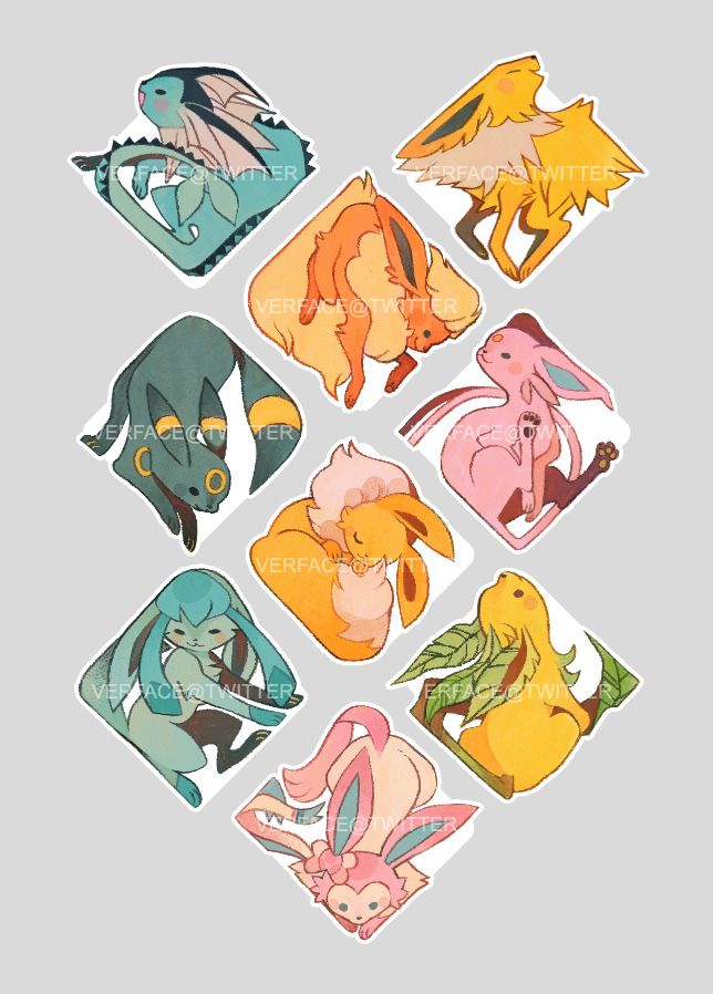 this image showcases a collection of nine adorable pokémon stickers, each featuring a different evolution of eevee. the stickers are arranged in a diamond pattern, and each pokémon is depicted in a charming, pastelcolored style.  the style is reminiscent of fanart, with a cute and slightly stylized representation of the characters. the individual pokémon are clearly identifiable as vaporeon, jolteon, flareon, espeon, umbreon, sylveon, glaceon, leafeon, and eevee itself.  a watermark with the artist's twitter handle is visible on several of the stickers.