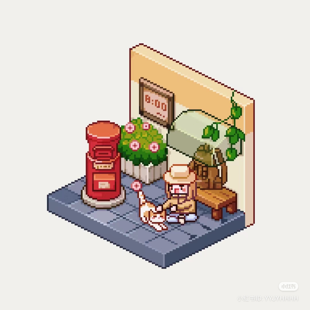 a pixel art illustration depicting a girl in a brown hat and jacket petting a cat in front of a post box. the scene is set on a street corner with a stone tiled floor and a bench against a wall. the wall has a clock on it that reads 8:00 and is partially covered by foliage. a brown backpack rests on the bench. the scene is brightly lit, suggesting daytime, and uses warm and inviting colors.