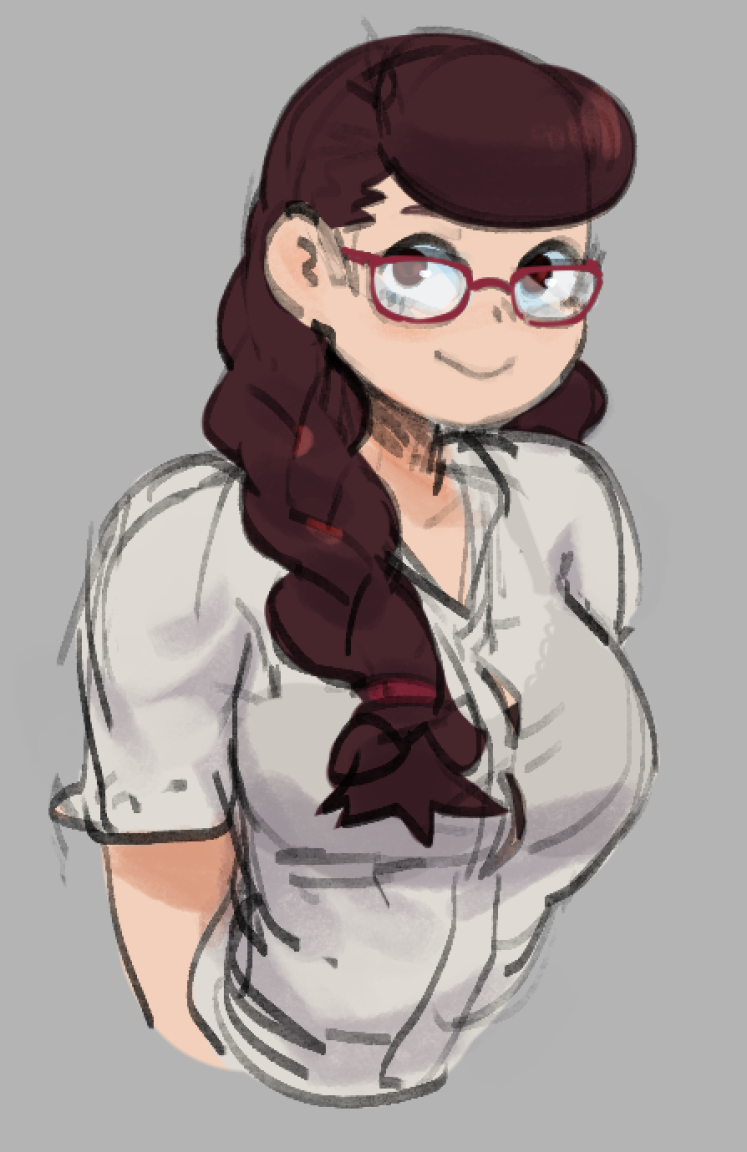 a digital illustration of a bust portrait of an anime girl wearing a white shirt, redframed glasses, and a brown braid with a red ribbon. she is smiling and looking away. the background is a gray.  the style is cartoonish with a slightly rough style.
