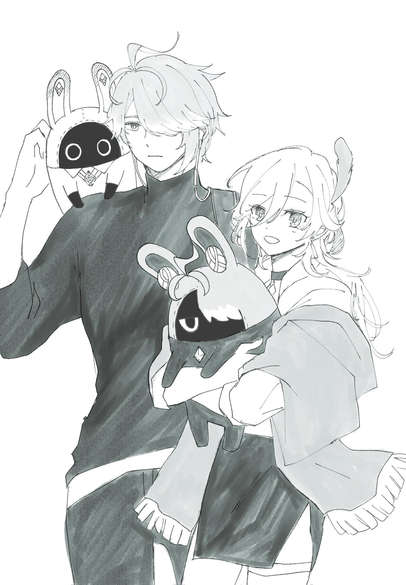 this is a black and white illustration of two anime characters, a male and a female, holding stuffed bunny plushies and smiling at each other. the male has short blonde hair and is wearing a black sweater and pants. the female has long blonde hair and is wearing a white shirt with a black skirt and a scarf. they are both standing in front of a white background and their smiles convey a sense of happiness and love.