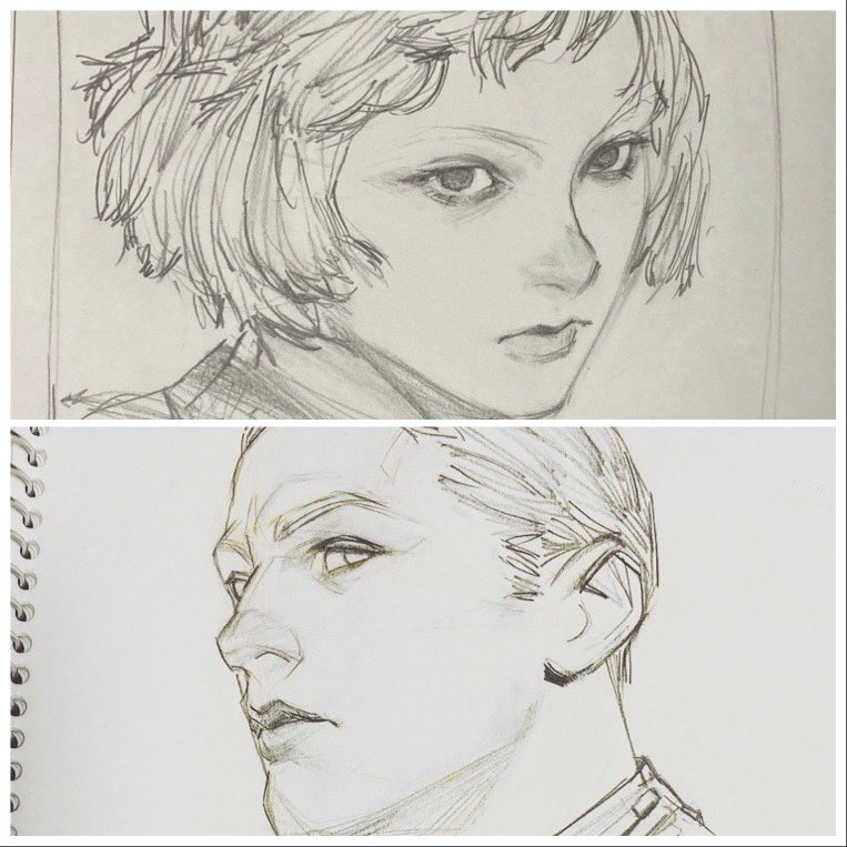 the image is a collage showing two pencil sketches. the top sketch is a portrait of a woman with short, bobbed hair. her expression is serious and her features are delicately rendered.  the bottom sketch is a side profile of a man, also rendered realistically with careful attention to shading and detail. both portraits are done in grayscale using pencil, showcasing skillful shading techniques. the sketches appear to be part of a sketchbook or notebook, visible at the edge of the bottom sketch.