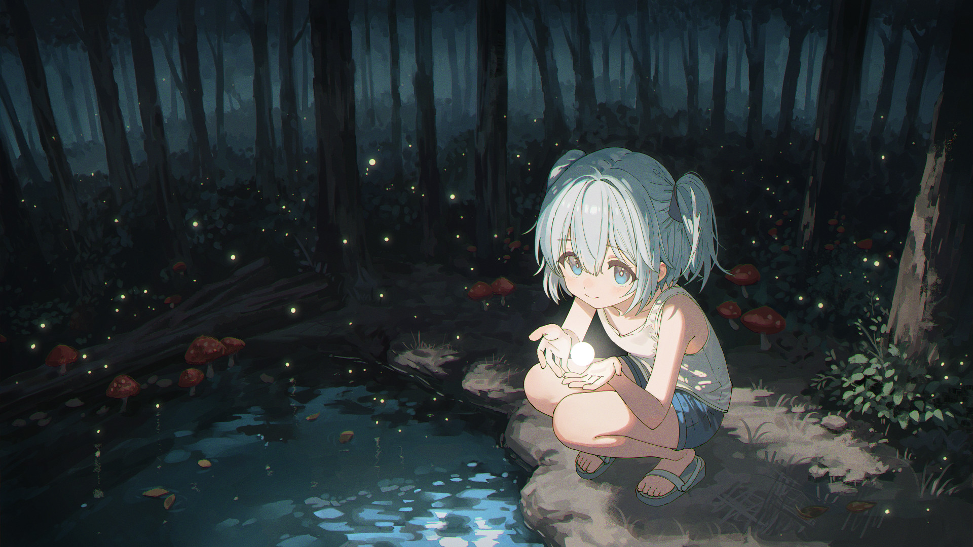 a digital illustration of an anime girl crouching by a pond in a dark forest. she has gray hair styled in pigtails and wears a white tank top, blue shorts, and sandals. she's holding a glowing orb in her hands. the forest is filled with tall, dark trees, mushrooms, and fireflies that add a magical touch. the pond reflects the light, creating a serene atmosphere.