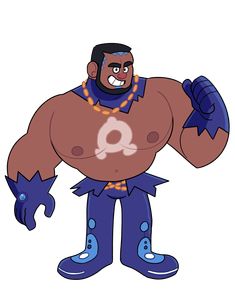 a cartoon drawing of a muscular man with dark skin and black hair. he is wearing blue pants with light blue circles, blue boots, and torn blue fabric around his waist. he is also wearing a gold necklace, bracelets on each wrist, and an amulet.  he is giving a thumbs up with his right hand.