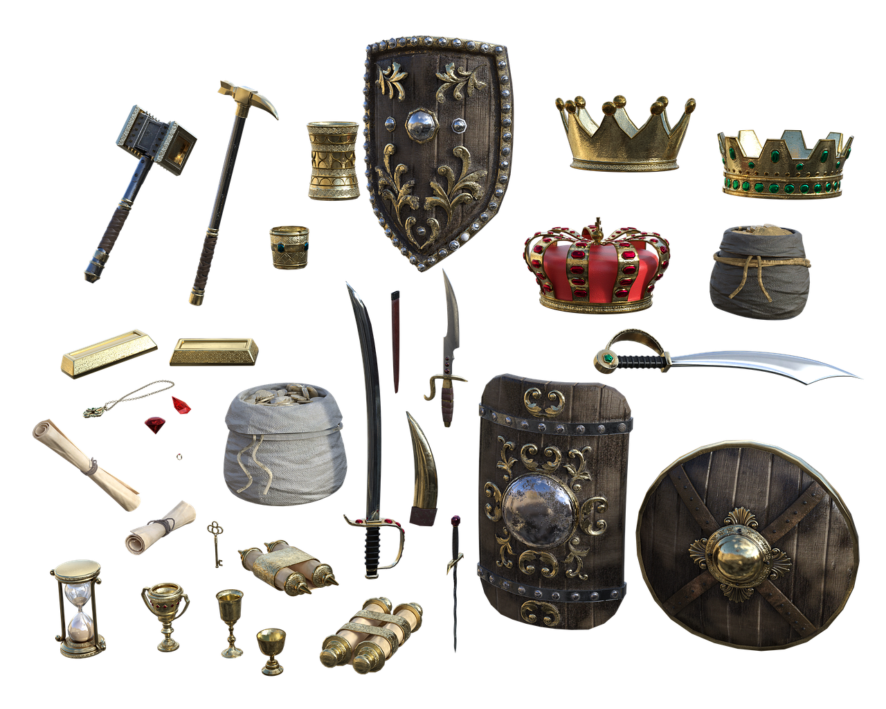 the image contains an assortment of medieval and fantasythemed objects. these include three crowns (one gold, one with green gems, and one red), three shields with ornate designs, various types of swords (a katana, a pirate cutlass, and daggers), a war hammer and a pickaxe, two gold bars, goblets of varying sizes, an hourglass, several rolled scrolls, a bag filled with coins, a small key, a gemstone and a necklace. additionally, there is a horn and what appears to be a pair of binoculars, enhancing the exploratory and adventurous nature of the collection. the objects are arranged against a black background, highlighting their individual details.