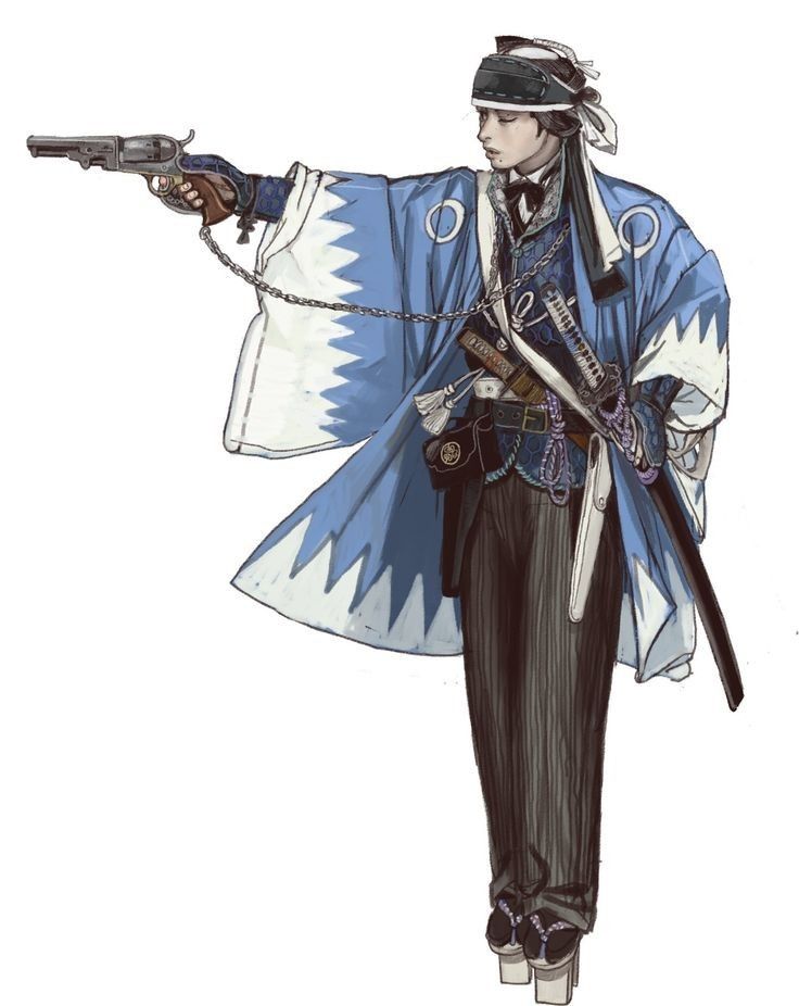 the image is a digital painting or illustration of a stylized samurai character. the character is depicted in a light blue kimono with white jagged patterns,  wearing traditional japanese geta sandals and hakama pants.  they are also equipped with a katana and a westernstyle revolver, showcasing a blend of traditional and modern elements.  the character’s expression is serious, and they hold the pistol out in a aiming position. the overall style is detailed and evocative of historical fiction or fantasy settings.