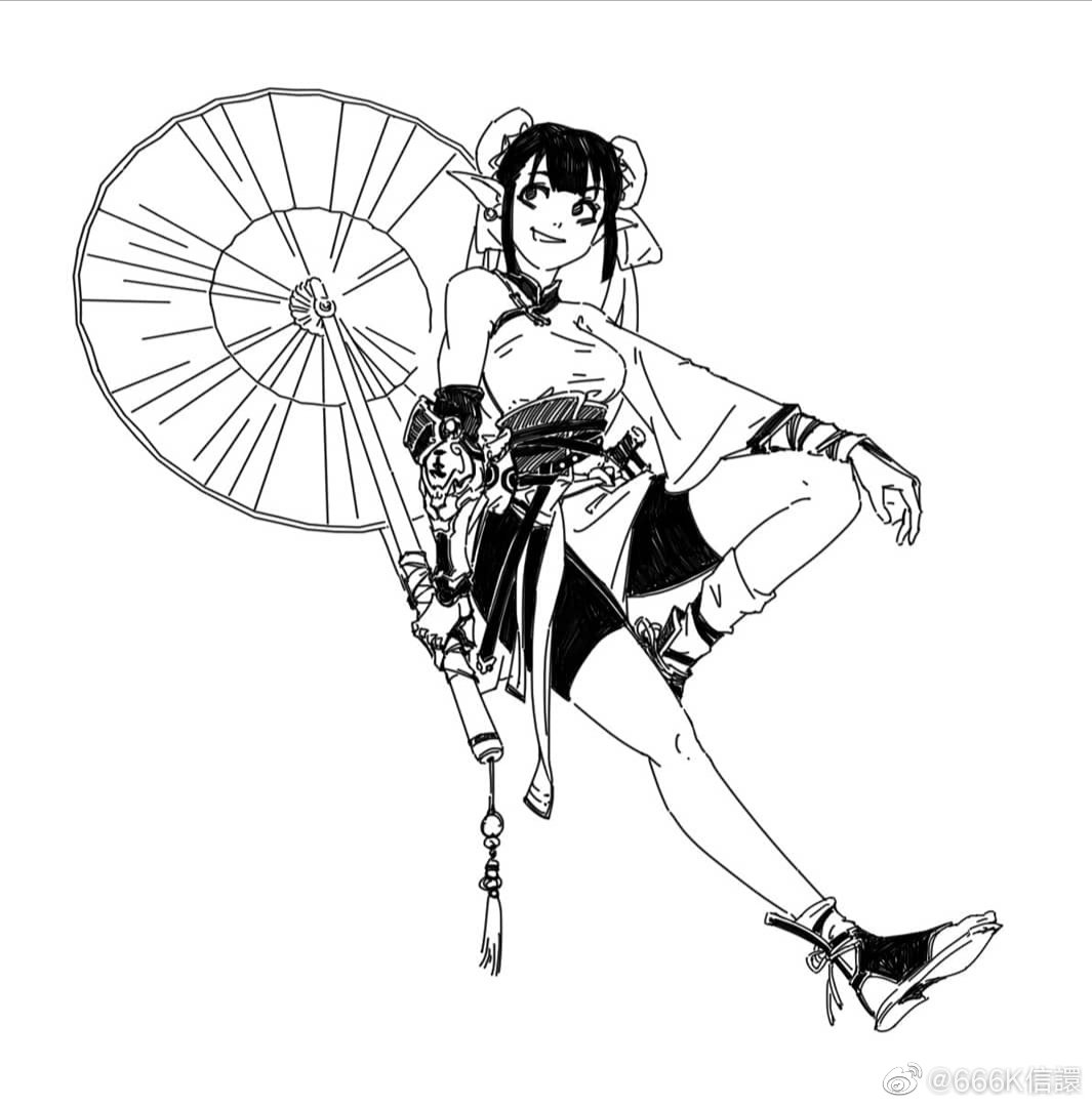 the image is a black and white ink drawing of a stylized female anime character. she appears to be of east asian descent, wearing a mix of traditional and fantasy elements in her clothing. the attire includes a short kimonolike top and shorts, paired with what looks like arm guards or bracers. she holds a long staff or pole weapon, topped with a decorative chinese parasol or umbrella. her pose is dynamic, with her legs crossed and body angled, suggesting movement or action. the character has elflike pointed ears and short, slightly spiky hair. the art style is detailed yet loose, with expressive linework. the overall aesthetic leans towards fantasy or possibly a video game character design.
