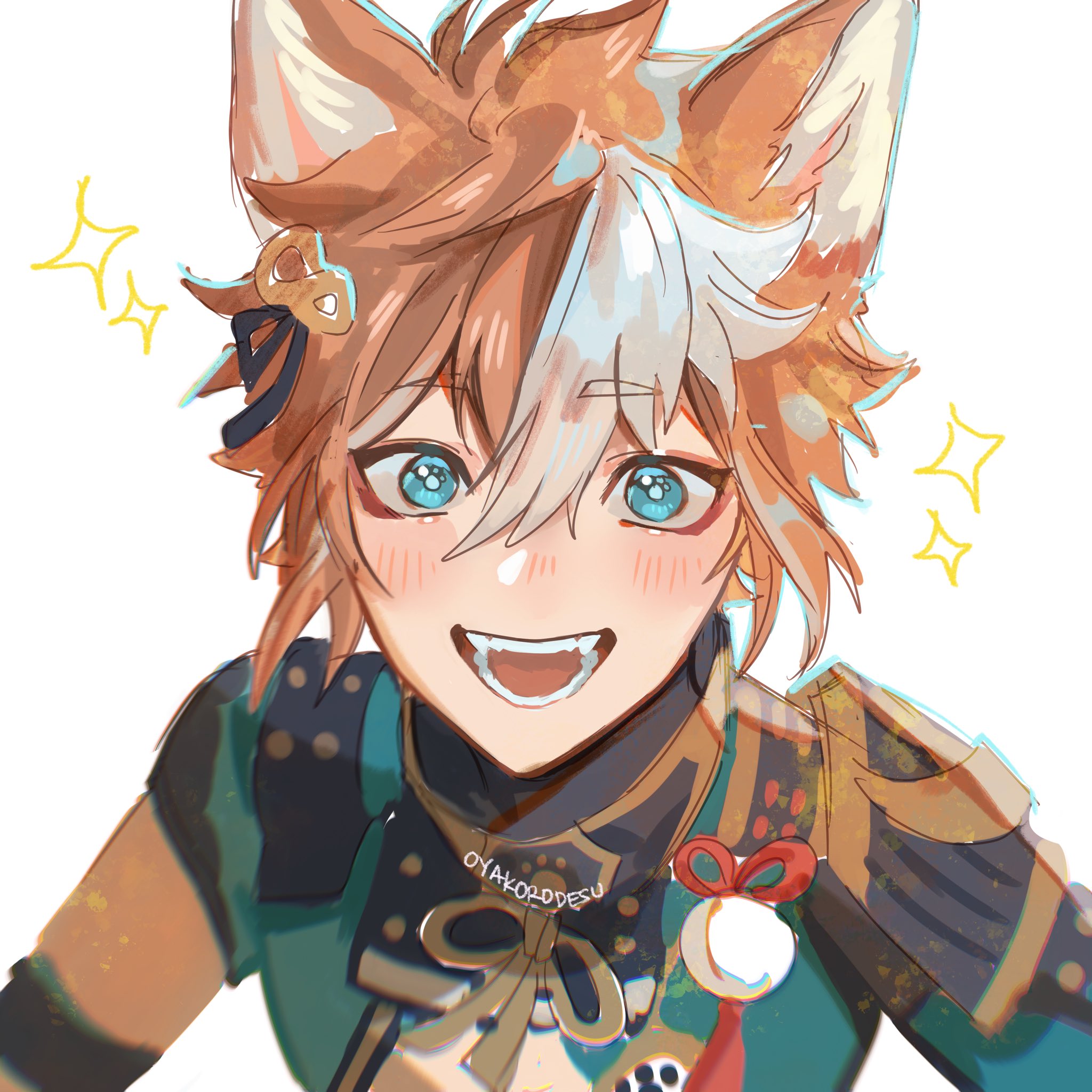 a digital illustration of an anime boy character with fox ears. he has a bright smile and is looking directly at the viewer. he is wearing a blue and green patterned shirt. the art style is soft and colorful, with a gentle and happy feel. there are sparkles around the boy's head, suggesting excitement or happiness.