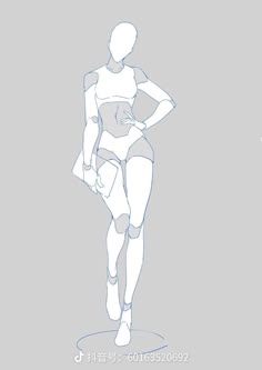 a line drawing of a female figure in a pose. she is standing with her hips slightly turned to the side and her weight on one leg, giving the impression of movement. she is wearing a short top and shorts. her arms are bent and she is holding something in one hand. the lines are simple and the drawing is not detailed.