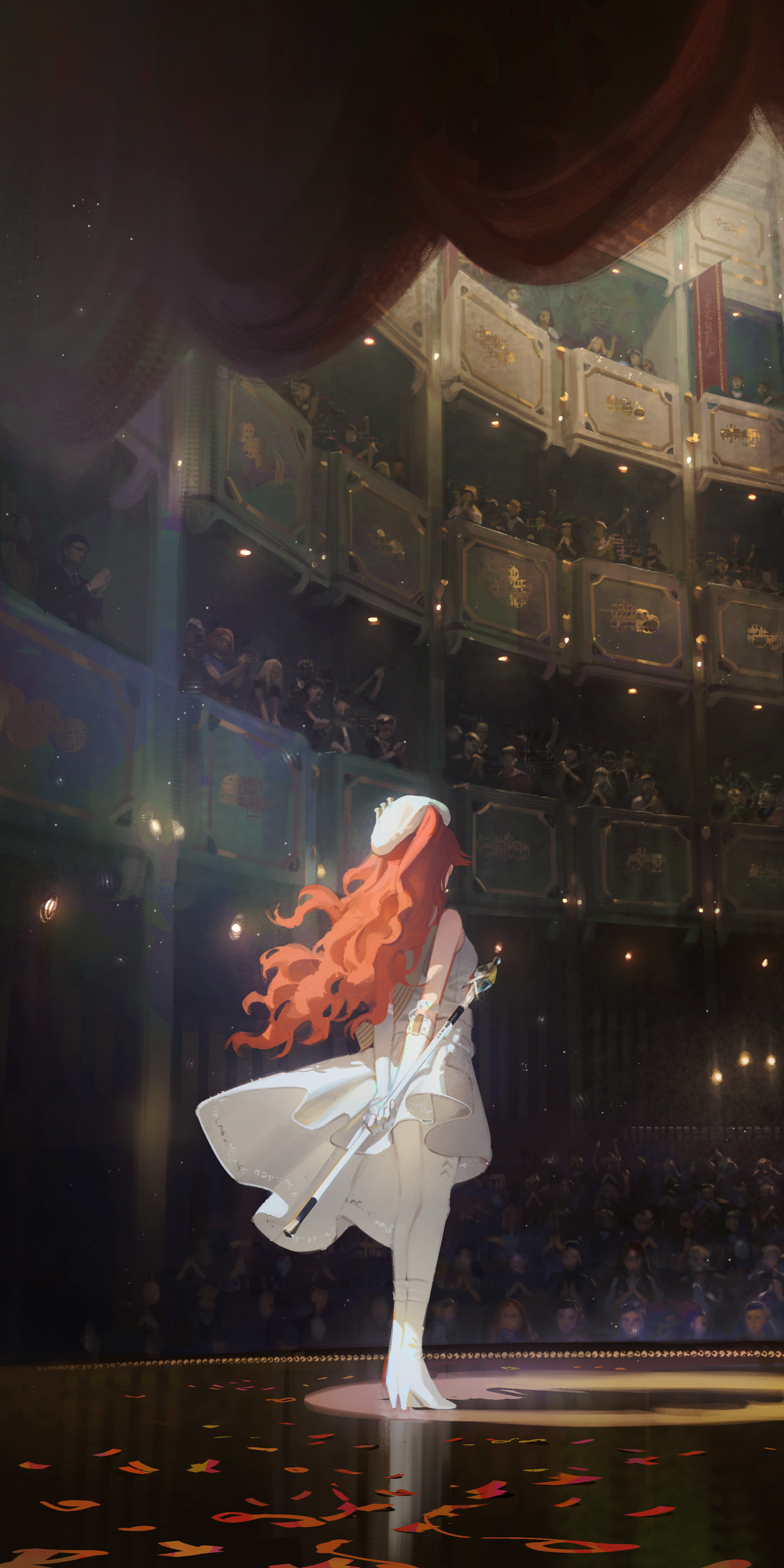 a lone woman in a white dress stands center stage under a spotlight in an opulent, multilevel theater. she has long flowing red hair and is holding what appears to be a thin white cane. the audience is out of focus in the darkened theater and orange rose petals are scattered on the stage around the woman's feet.