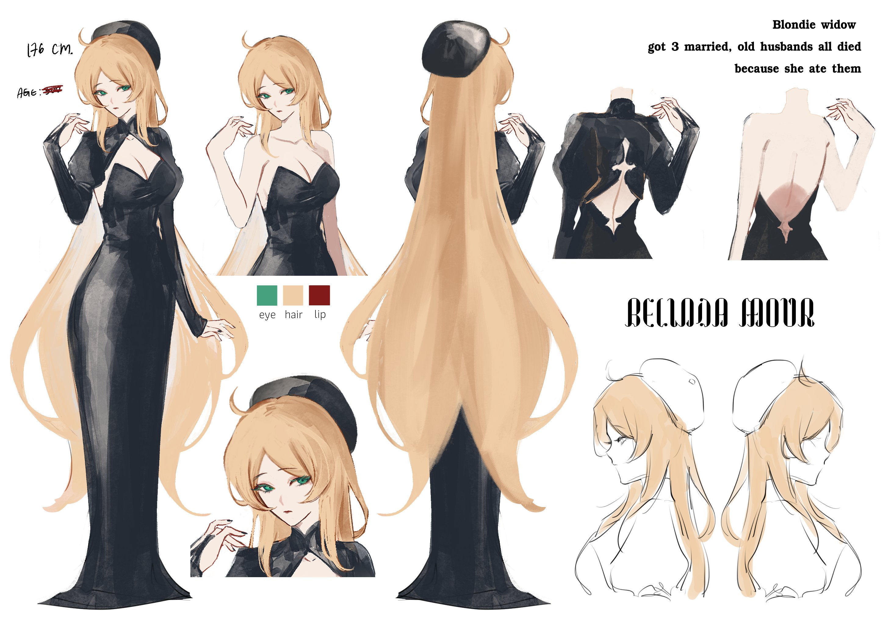 this image features a cartoon illustration of a blonde woman named "bellada mour" who is a widow. she is drawn in an anime style with large eyes and long flowing hair. she is wearing a black dress and a hat. there are other illustrations of her around the main image, showing her from different angles, and different clothes. the text around her says "blondie widow got 3 married, old husbands all died because she ate them." this implies that she is a murderer, and possibly poisoned her husbands. the words "bellada mour" could be a play on the words "belladonna" which is the name of a poisonous plant. the image is visually appealing and mysterious.