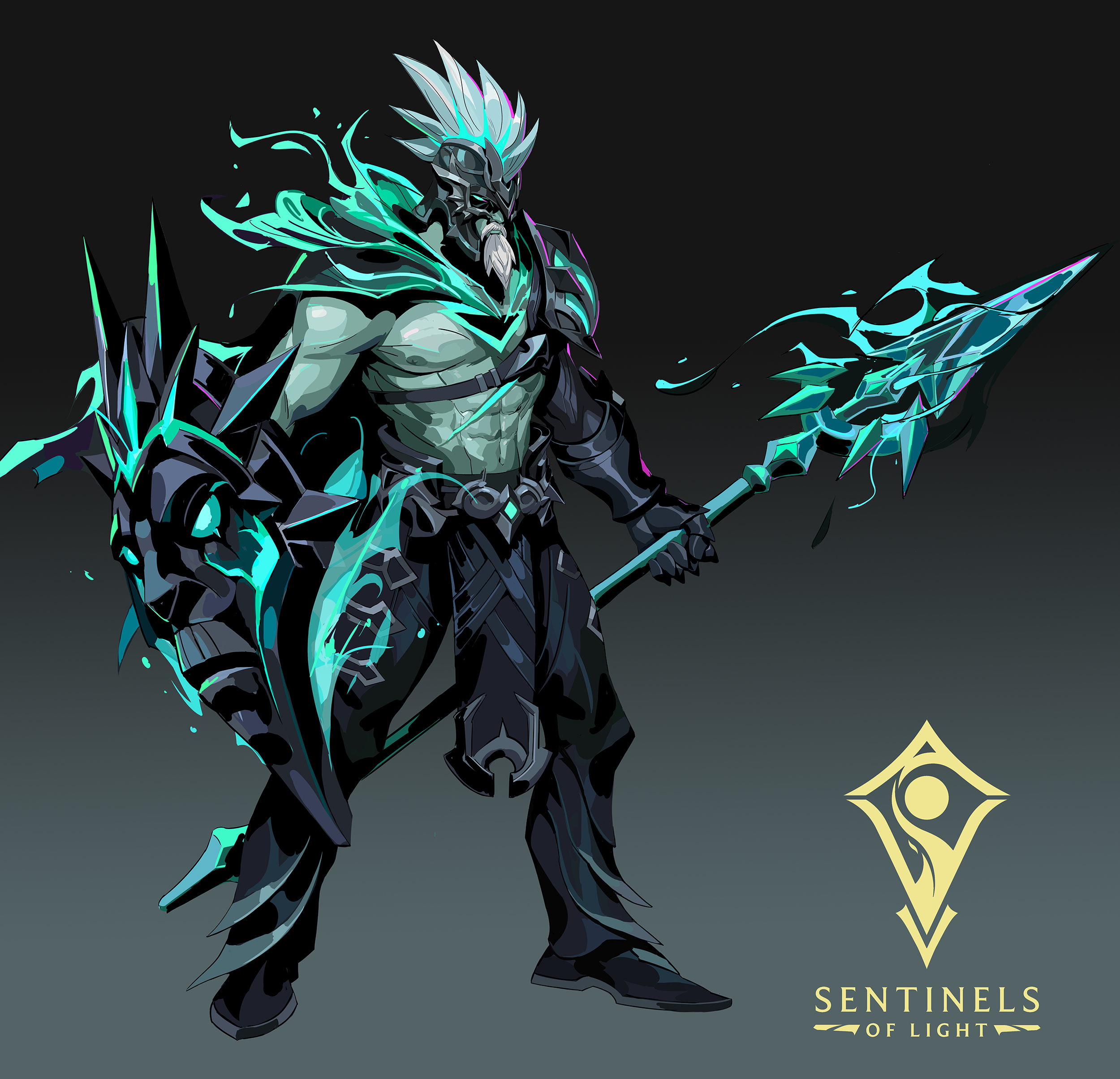 this is a digital illustration of a character design from the sentinels of light event in the video game league of legends. the character is a powerfullooking male warrior with muscular physique, clad in dark armor accented with glowing teal details. he wields a large spear and a shield with a lionlike face on it. the background is dark, contrasting the bright teal elements of his outfit and weapons.  the "sentinels of light" logo is present in the bottom right corner. the overall style is dark fantasy, with a focus on detail and strong visual appeal.