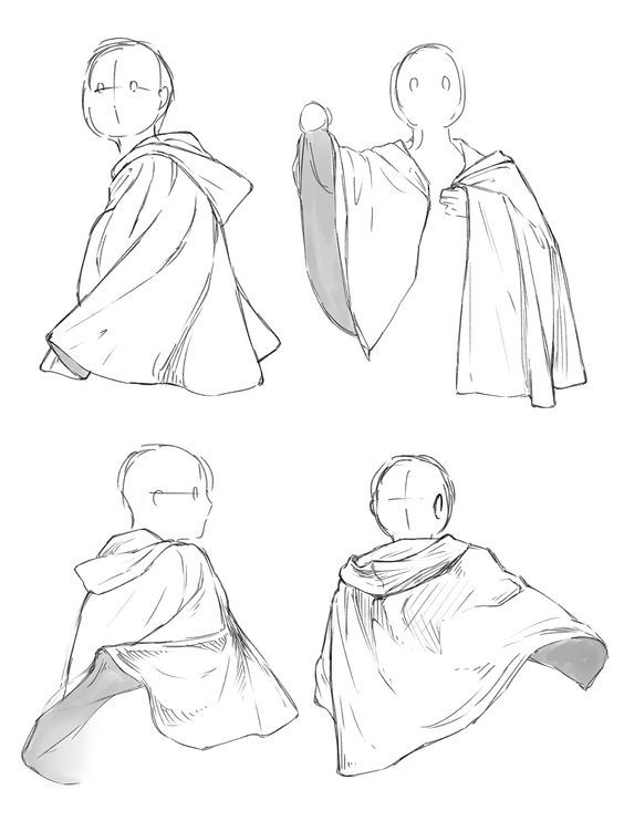 the image shows four different sketches of a faceless figure wearing a hooded robe or cloak in various poses. the drawings are in a mangastyle art and are likely intended as figure drawing references for artists.