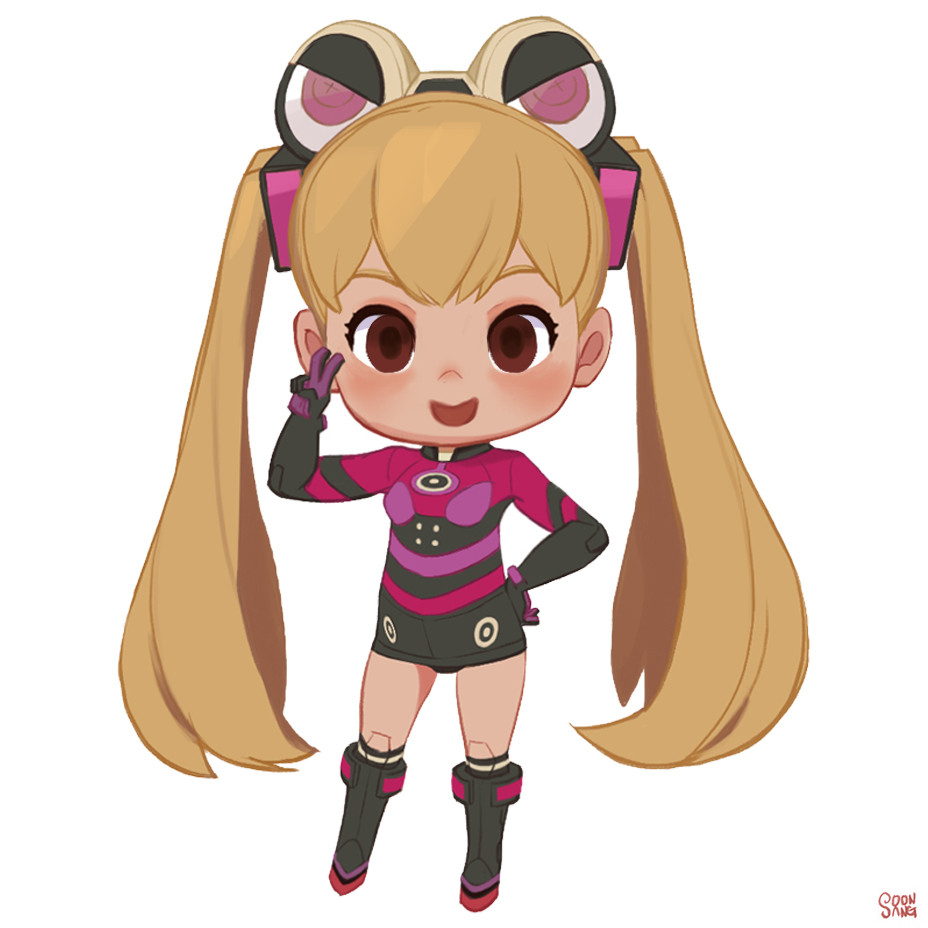 a chibi drawing of d.va from the game overwatch. she's winking and giving a peace sign.