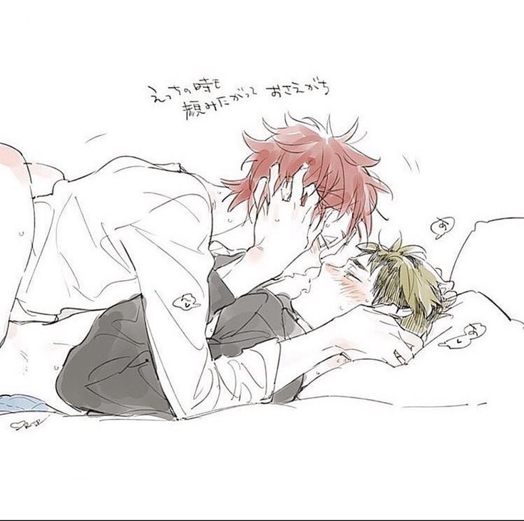 this is a drawing of two anime boys, one with red hair and the other with green hair. they are hugging and kissing. the one with the red hair is on top, and the one with the green hair is on the bottom. both of them are blushing. this is a yaoi image, which is a genre of japanese