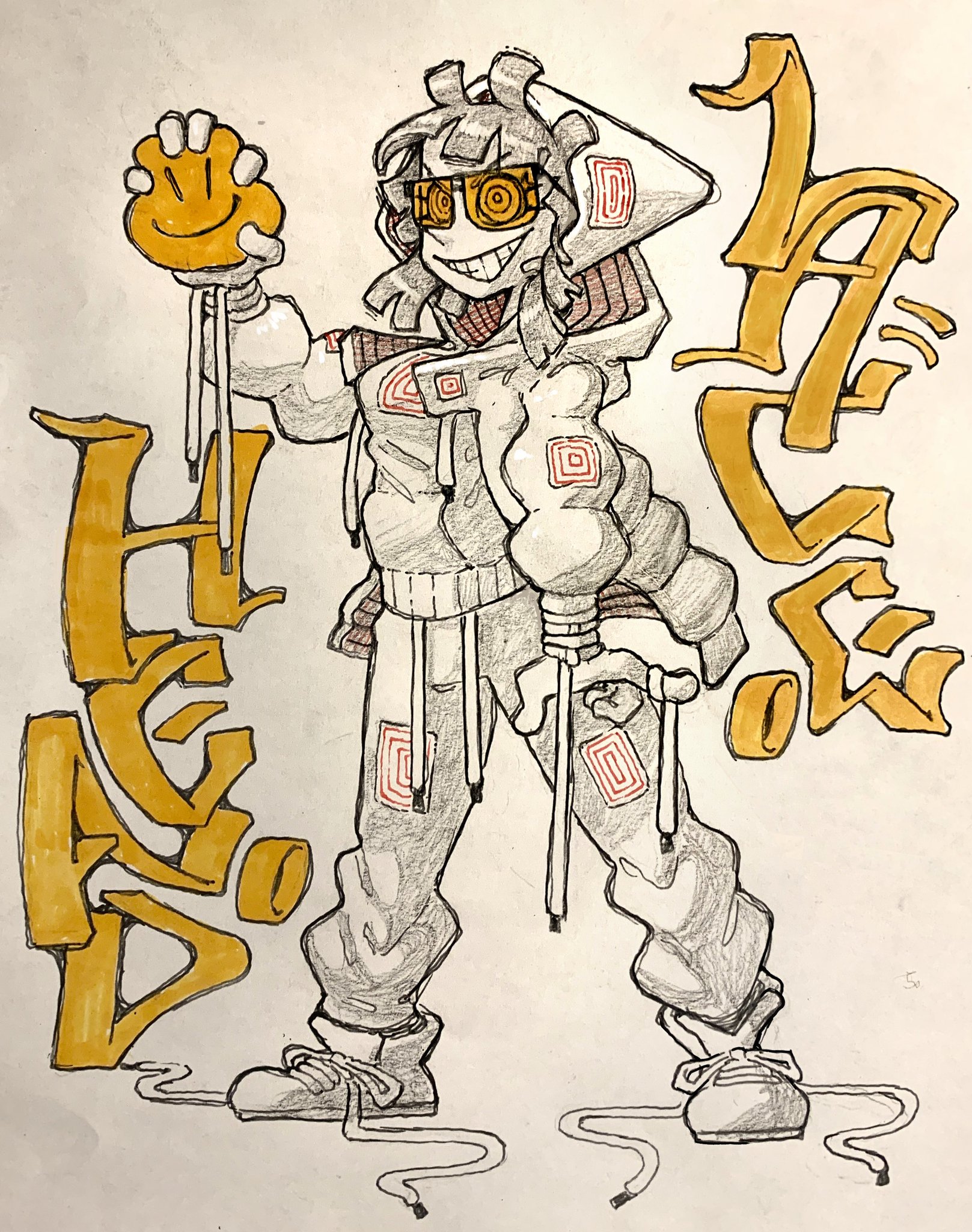 the image showcases a stylized character design, likely a personification of hacking or a hacker. the figure is drawn in a dynamic pose with an exaggerated, almost cartoony anatomy. they sport a mischievous grin and oversized goggles, reinforcing the playful yet edgy vibe. their attire screams streetwear with a hoodie, baggy pants, and sneakers, all adorned with rectangular patterns reminiscent of circuitry or barcodes. the color palette leans towards a monochrome aesthetic with greys and whites dominating the figure, while the background features bold yellow graffitistyle lettering spelling out "hack." the overall impression is one of rebellious coolness and digital savvy.