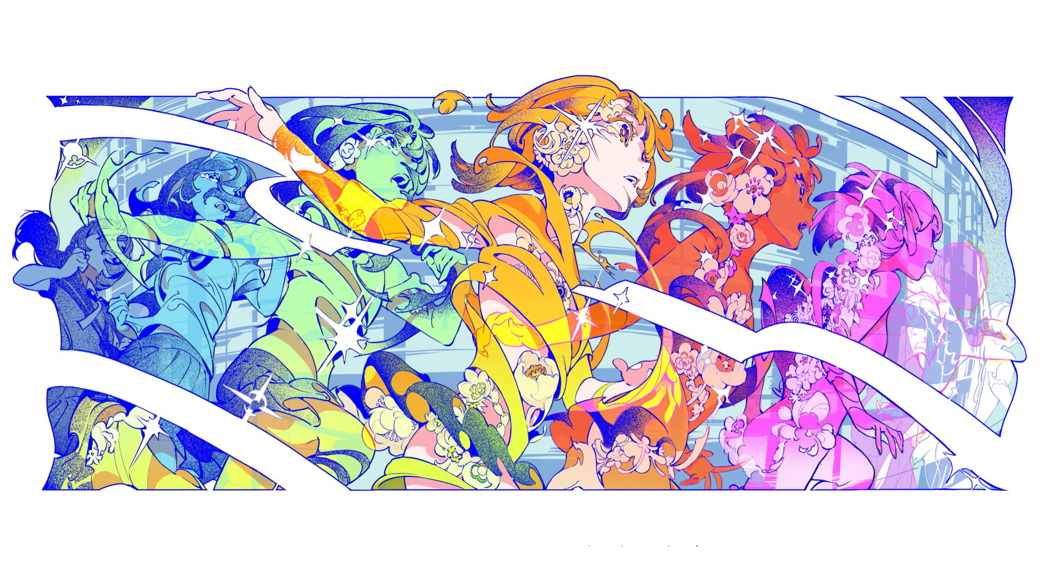 this vibrant digital illustration features six animestyle girls in colorful, fantastical attire. the girls are arranged in a dynamic composition, their poses suggesting movement and energy. the overall style is characterized by bold lines, bright colors, and intricate detail. the girls are adorned with flowers and other decorative elements, adding to the whimsical and dreamlike atmosphere of the piece. the background is a blur of abstract shapes and patterns, which adds to the sense of movement and energy.