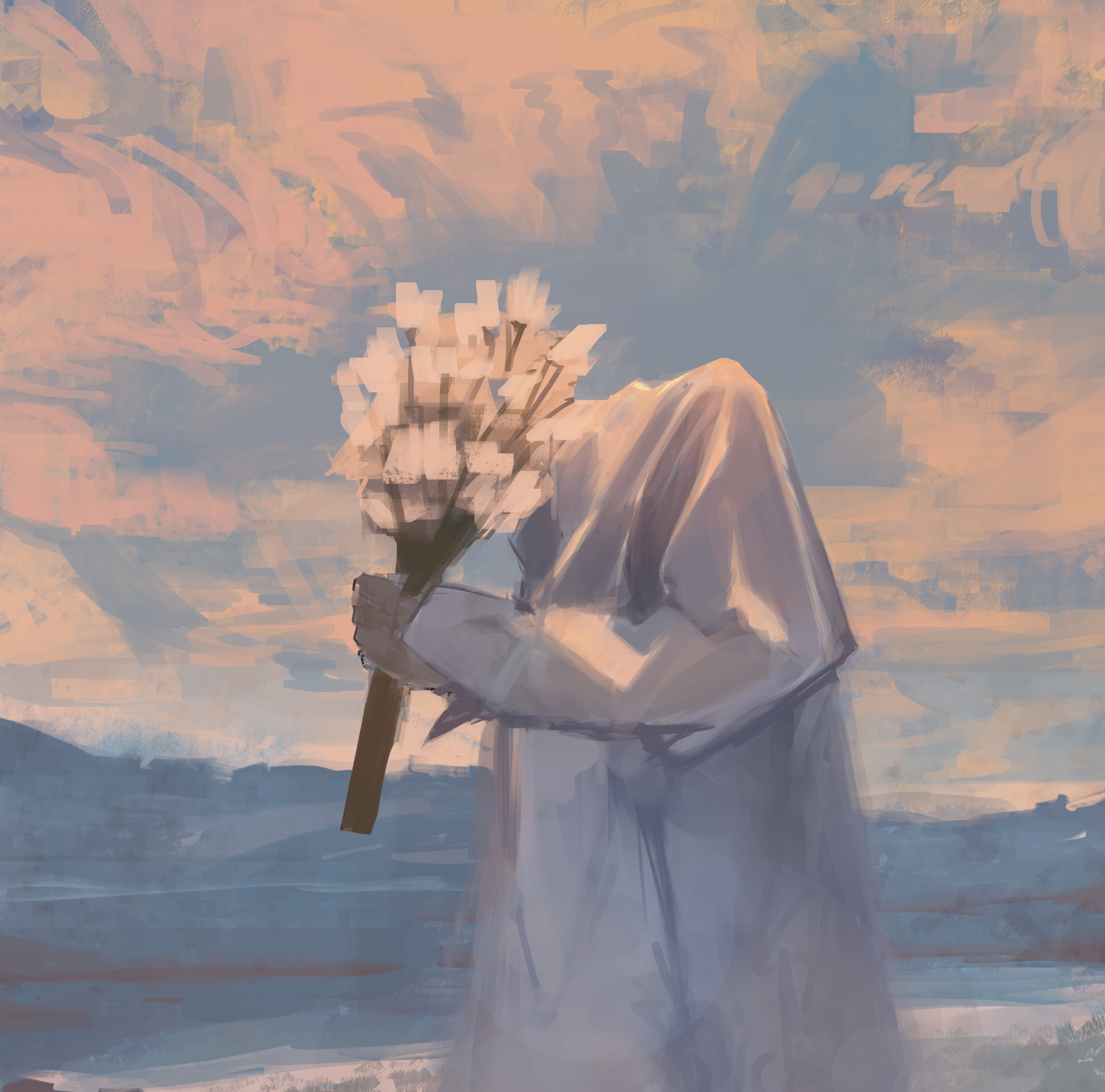 the digital painting depicts a solitary figure, possibly female, cloaked in a long, loosefitting lightcolored robe. the figure is holding a large bouquet of white flowers, which are prominently featured and almost obscure the figure's face.  the background is a soft, pastelcolored landscape dominated by a sunset sky with blended clouds. the overall mood is serene yet somewhat melancholic, with an atmospheric and impressionistic style. the brushstrokes are loose and the colors muted, creating a dreamy and somewhat abstract effect. the figure's posture and the overall composition evoke feelings of loneliness or quiet contemplation.
