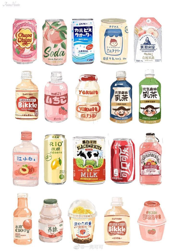 the image is a collection of various beverage containers including cans, bottles, and cups, each featuring unique branding and designs. brands like chupa chups, soda, calpis water, yakult, and cocacola are present, along with various other milk and fruitflavored drinks. the overall style is cartoonish and colorful, resembling stickers or illustrations.