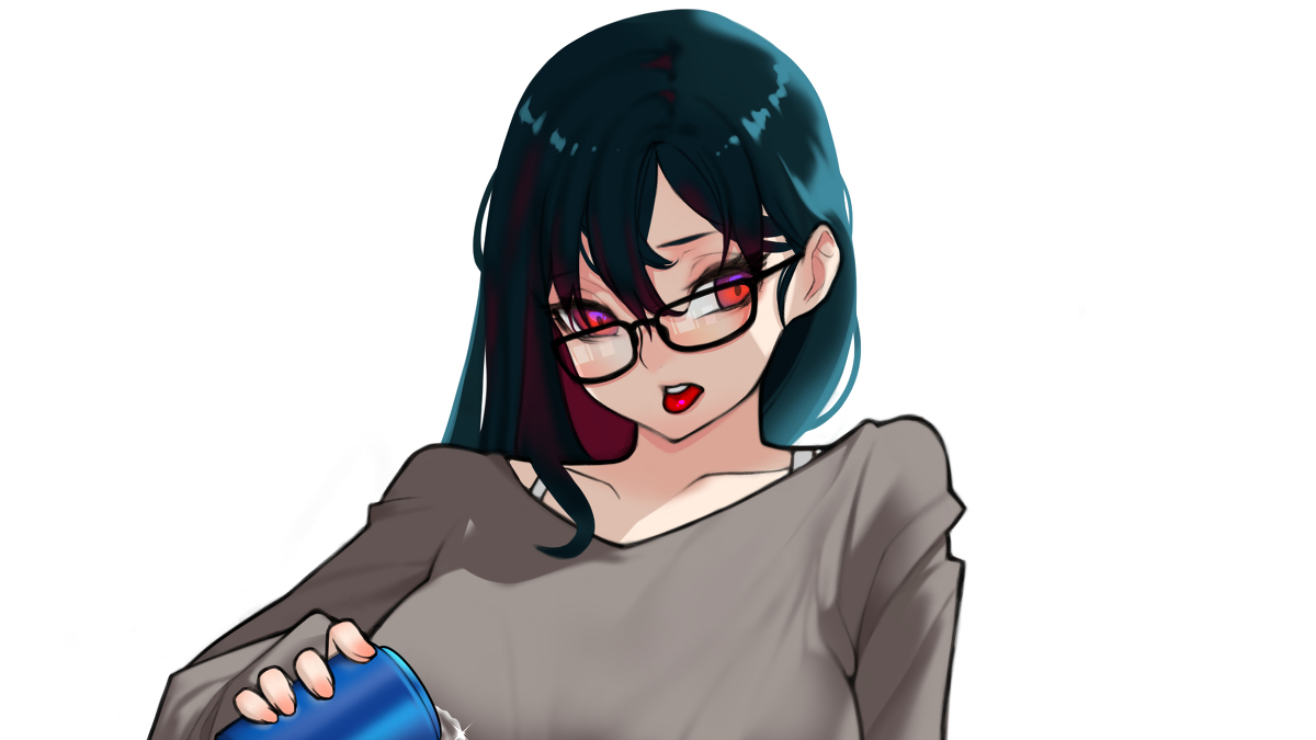 the image features a young woman with dark hair and red eyes wearing glasses. she has a somewhat annoyed or frustrated expression and is pouring something from a blue can.  she is wearing a loosefitting, light grey top. the background is plain white.