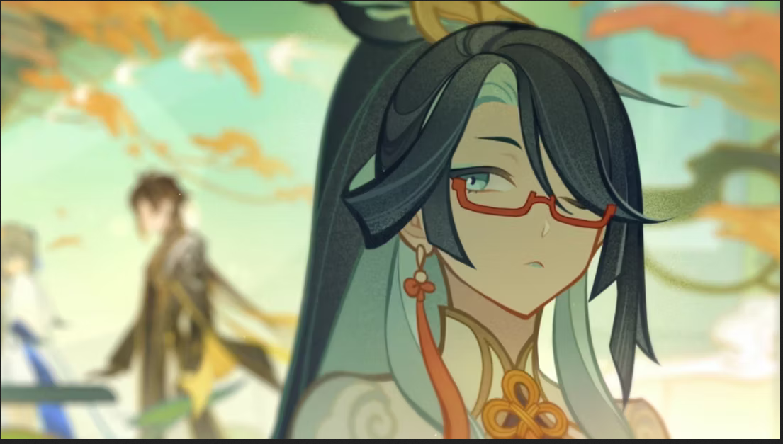 an anime style drawing of a woman with long black hair pulled back in a ponytail. she has bright green eyes and is wearing large red framed glasses. her traditional chinese inspired outfit is white, blue, red, and yellow. she is standing in front of a blurry background of a man with brown hair, and a green, orange, and yellow background.