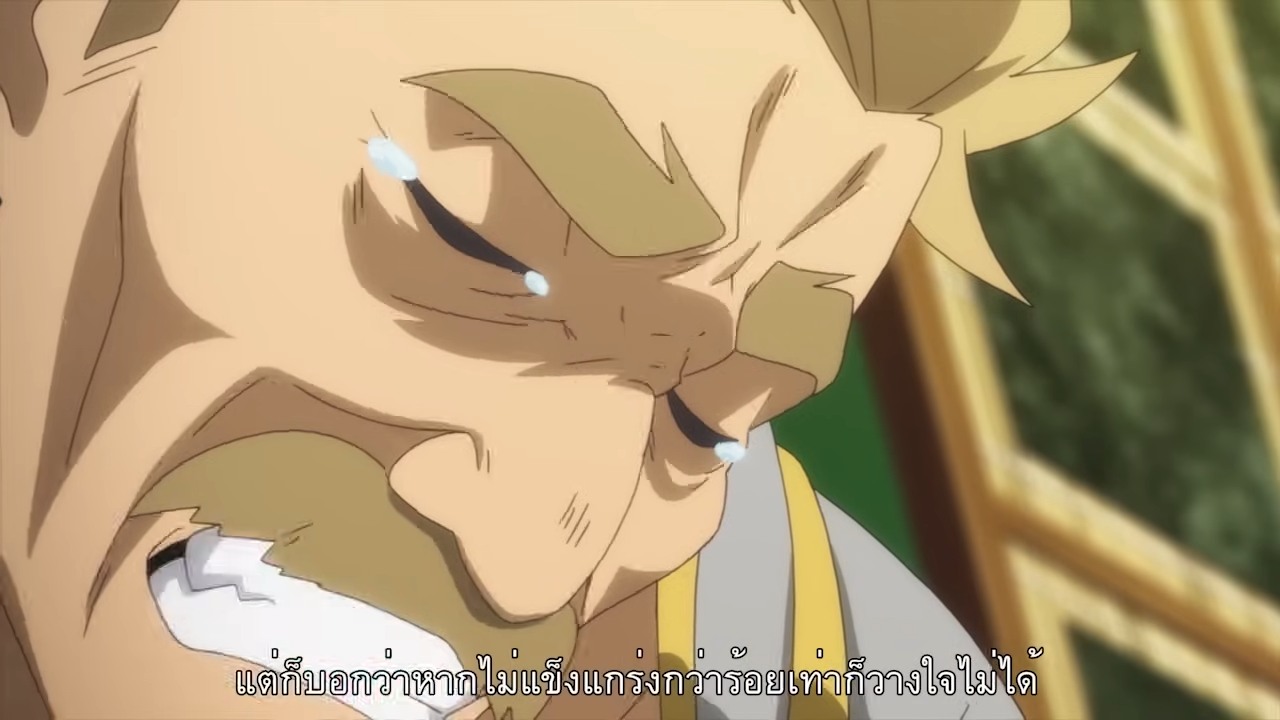 the image shows a closeup illustration of a middleaged man with a tearstreaked face. he has short blonde hair, a mustache, and a goatee. his eyes are closed and his mouth is slightly open, as if he is sobbing. he appears to be in a state of distress and sorrow. the soft lighting and warm color palette contribute to the overall melancholic mood of the image.  the text at the bottom of the image is in thai.