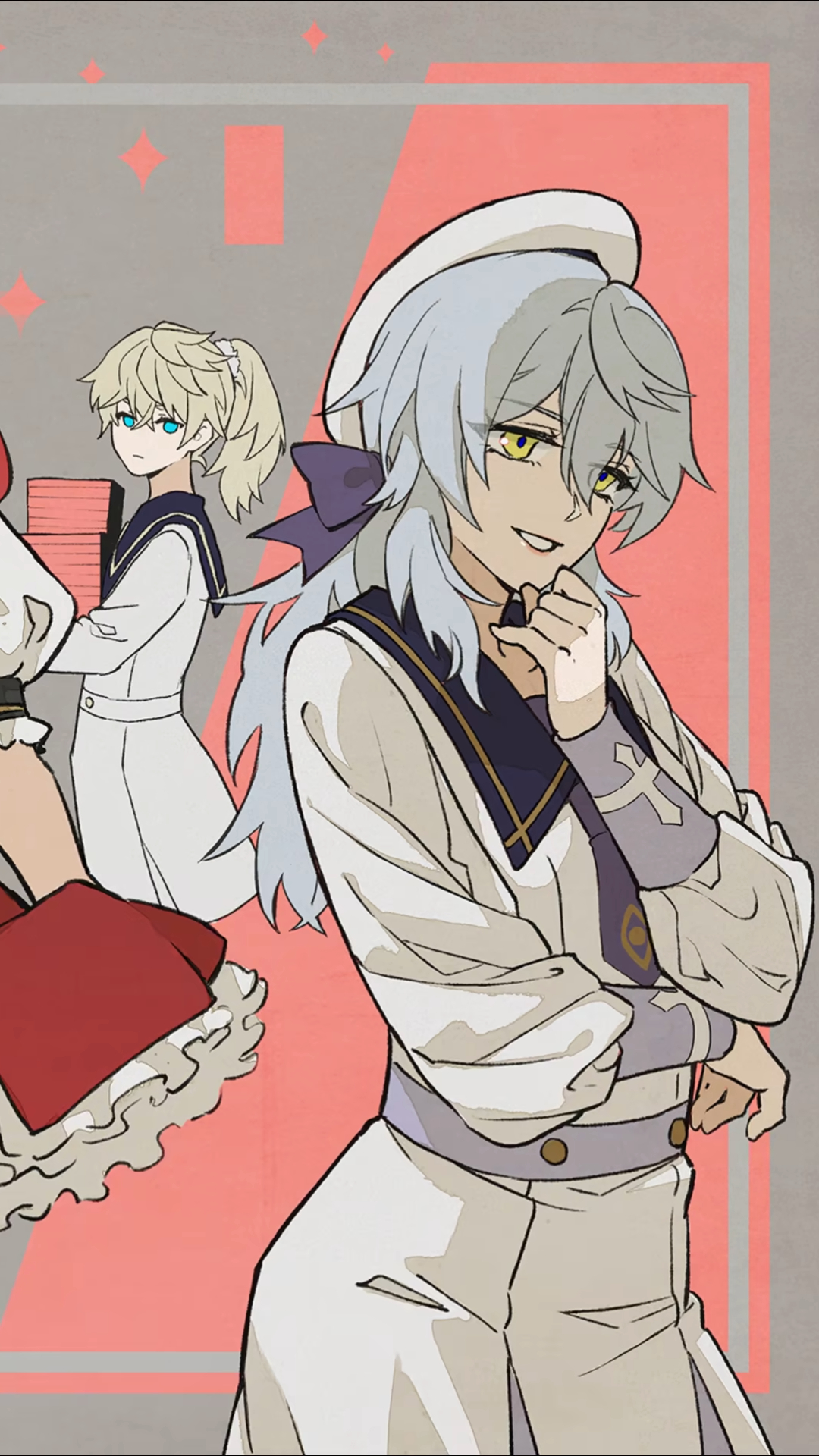 he image is a digital drawing or fanart of two animestyle girls. the main focus is on a girl with long, grayishwhite hair, wearing a white sailorstyle uniform with a cap. she has a confident smirk and is posing with her hand on her chin. behind her is another girl with blonde hair, wearing a similar but simpler white sailor uniform. she appears more demure. the background is a soft pink and gray. the style is reminiscent of manga or anime illustration. the overall mood is stylish and slightly mischievous due to the main character's expression.