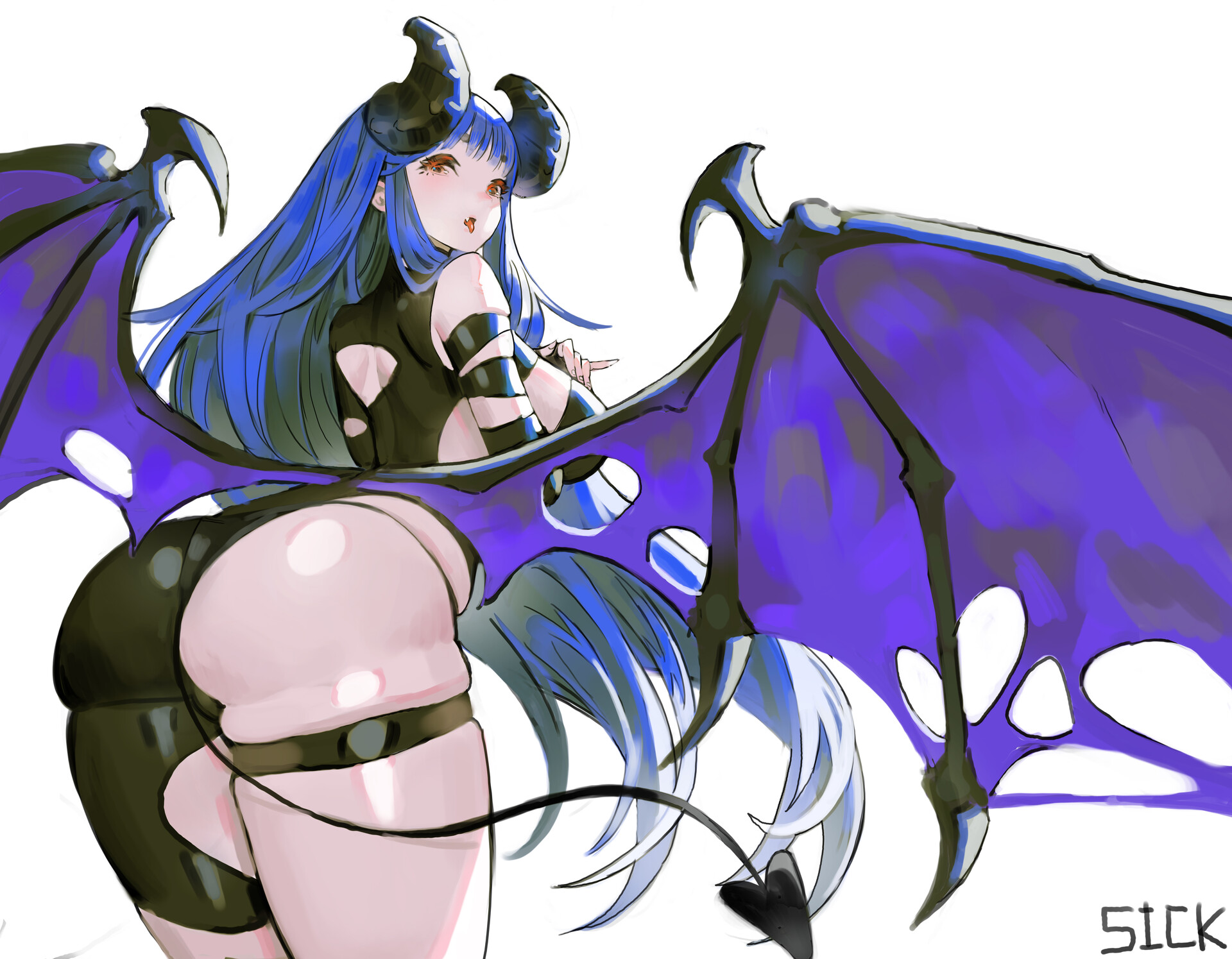 a cartoon anime drawing of a demon girl with blue hair, horns, wings, a black outfit, and a tail. she is looking back over her shoulder.