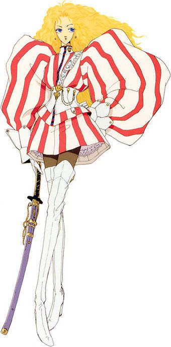 an anime girl with long blond hair in a white and red striped outfit is standing with a long purple sword in her hands. she is wearing white high boots and has a stylish hat. her hair is tied with a red ribbon.