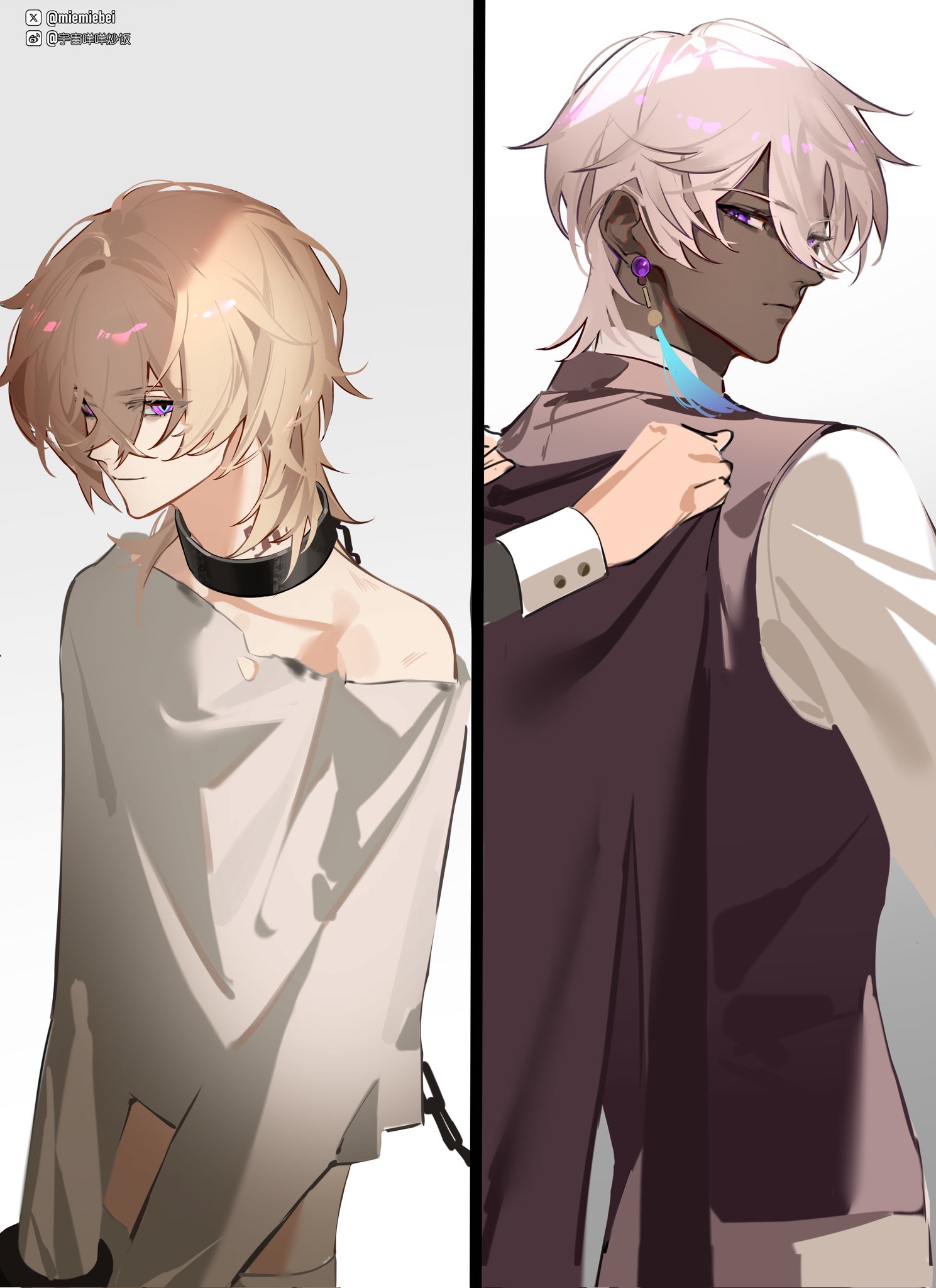 this is a digital art piece of two anime characters, one is a blonde haired male with a chain around his neck, he is wearing a white shirt and looks distressed. the other is a darkskinned male with white hair, he is wearing a white shirt, black vest and a jacket. he has purple eyes and is wearing a blue earring with a feather. both men are in the same pose, with their left arm reaching toward their chests.  the image is divided in half vertically, with the blonde haired man on the left and the darkskinned man on the right. the image is set against a plain white background.