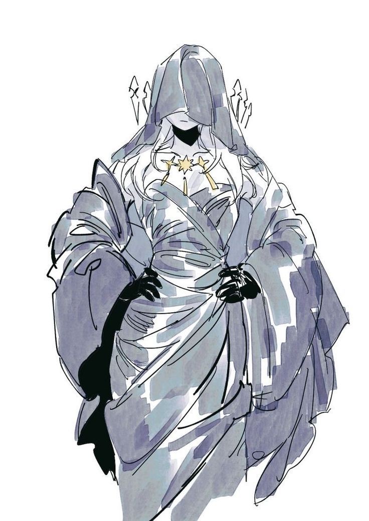 an illustration of an anime woman wearing a long robe with a hood, she is standing with her hands clasped in front of her, and her face is hidden by the hood. the image is drawn in a sketchy style, with soft shading and color.