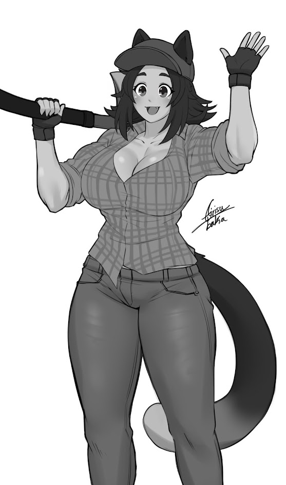 an anime style drawing of a young woman with cat ears and a tail wearing a plaid shirt, jeans, and a baseball cap. she is holding a baseball bat and waving her other hand in the air.  the drawing is in black and white, and the background is white.