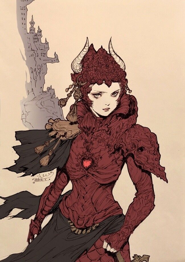 this is an illustration of a female warrior wearing ornate armor with a horned helmet. she has a determined look on her face.  behind her is a tall, ruined castle tower.