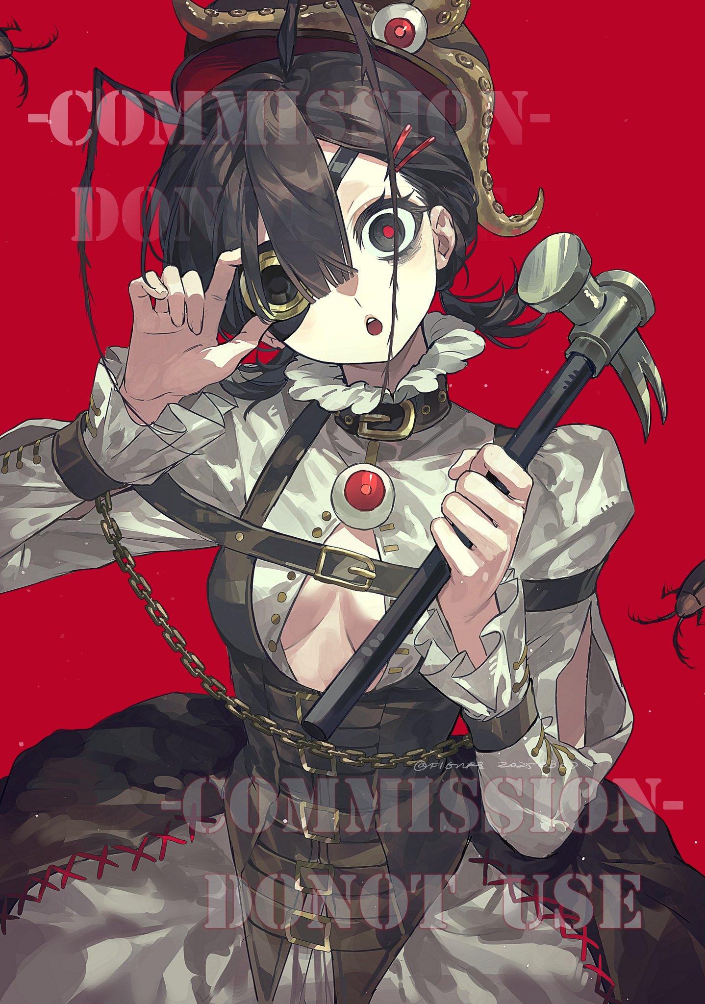 an anime girl with a steampunk gothic style is holding a hammer. she is wearing a corset, a dress with red crossstitches, and a monocle. she has an octopuslike object on her head with an eye on it. she has an odd stare and a red background.