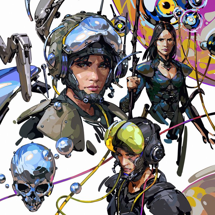 this is a colorful digital art painting that depicts a futuristic scene with four characters wearing helmets in space. the characters appear to be warriors or soldiers, and they are surrounded by a variety of scifi gadgets and elements. the painting is full of bright colors and dynamic lines, and it has an overall sense of energy and movement.