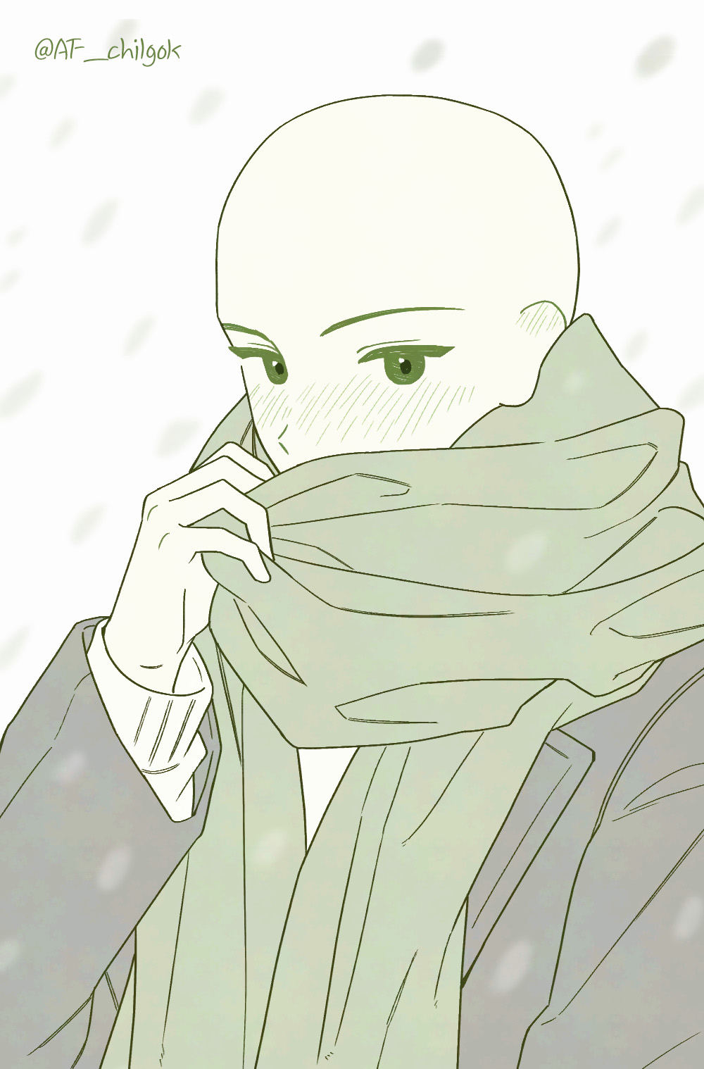 the image is a minimalist animestyle illustration of a bald boy wrapped in a large, light green scarf.  the style is soft and gentle, with pastel coloring and simple line work. snow is subtly falling in the background. the boy's face is partially obscured by the scarf, but his green eyes are visible. he has a calm and serene expression. the overall mood is peaceful and gentle.