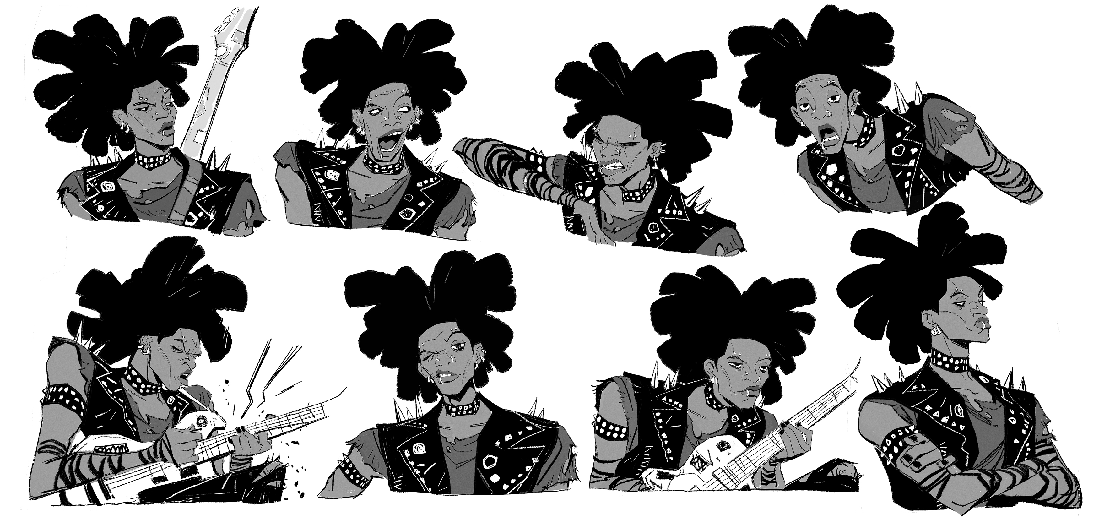 a series of 8 drawings of a punk rocker character in various poses and expressions.  the character is drawn in a black and white style and is shown wearing a studded leather jacket, jeans, and boots. they have an afro and are holding a guitar in some drawings.  the poses and expressions are diverse and show the character's emotional range.  the drawings appear to be sketches or drafts for a larger project.
