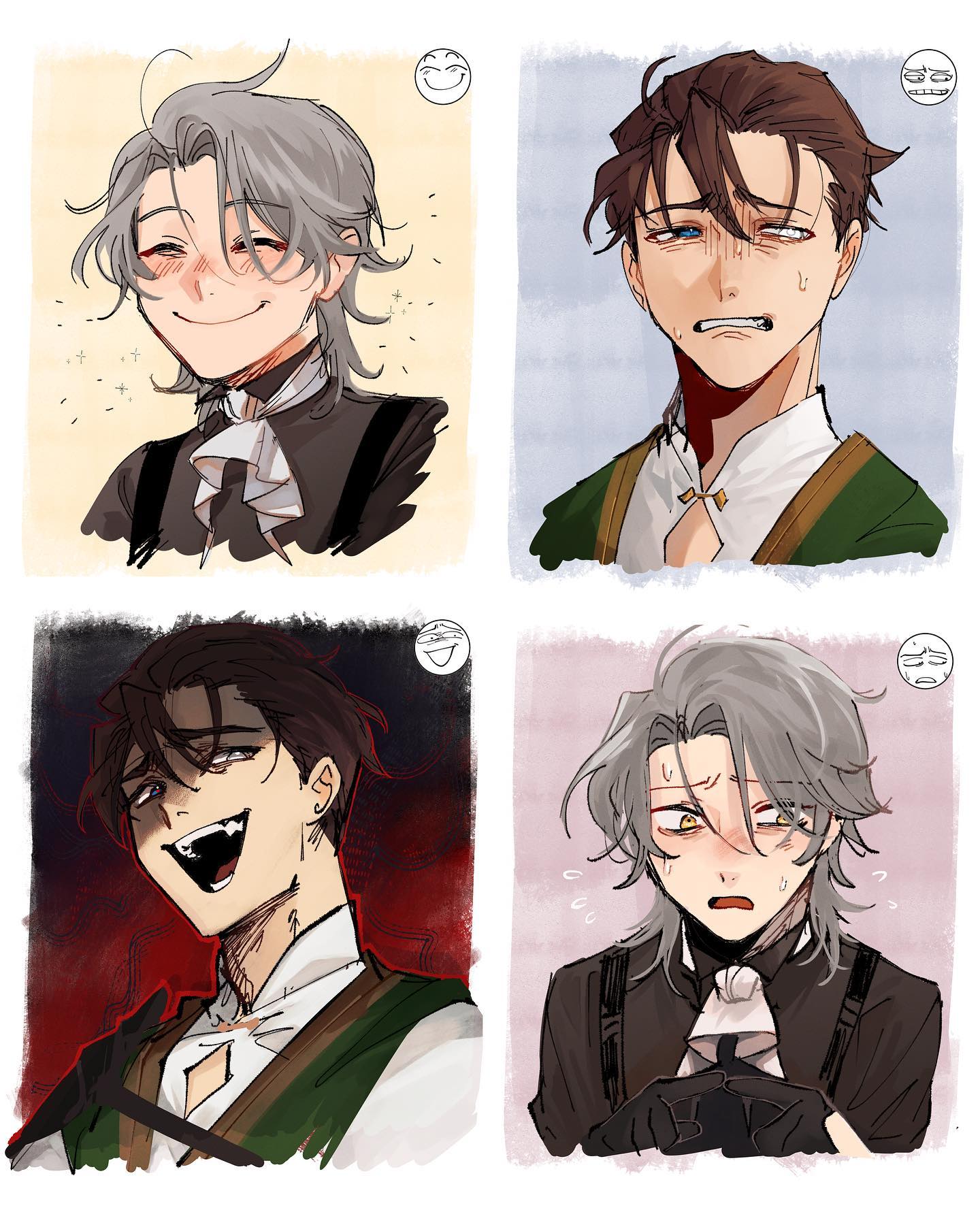 the image is a digital art collage featuring four distinct portraits of animestyle male characters, each exhibiting a different emotion. each portrait is set against a different colored background, with a small emoticon subtly placed in the corner indicating the portrayed emotion (happy, sad, etc.).  the art style is soft and slightly sketchy, with attention paid to detailing the characters' expressions and hair. the characters are similarly styled with outfits indicative of fantasy or period settings. the overall mood is diverse, displaying a range of emotional states.
