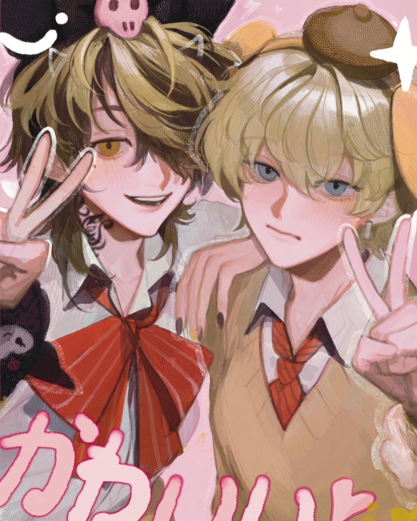he image is a digital drawing or painting of two animestyle girls.  they are close together and both making peace signs with their hands.  the girl on the left has brown hair with accessories resembling pigtails and a red bow tie. the girl on the right has blonde hair and is wearing a tancolored sweater vest with a red bow tie.  both girls are smiling and their overall style is cute and pastelcolored. the background is simple with a hint of pink and yellow tones. there is some japanese text visible at the bottom, partially obscured.  the art style is soft and slightly painterly.
